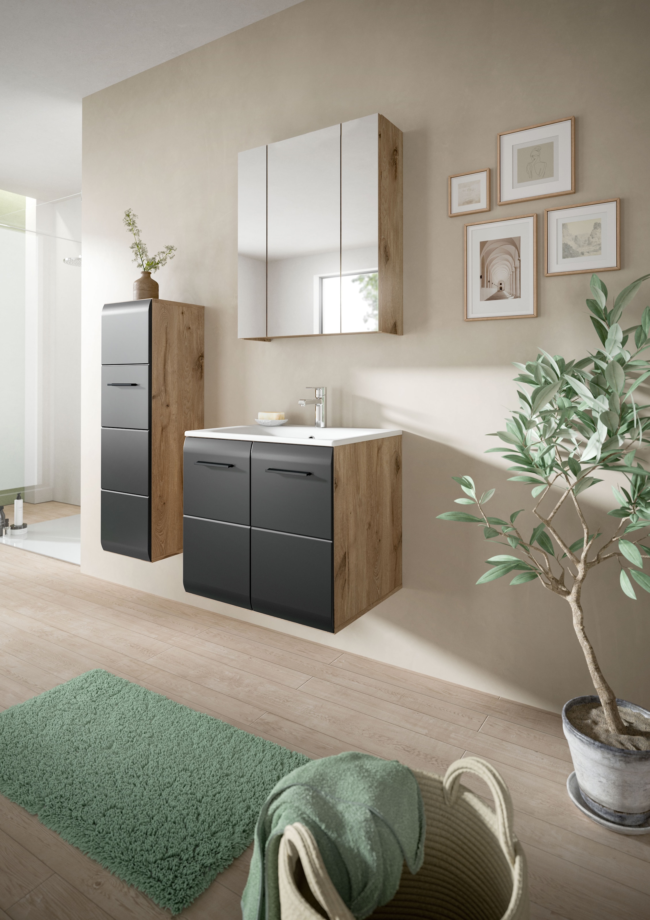 INOSIGN Stauraumschrank, (1 St.), Florenz, Badschrank Nox Oak NB, 106 cm hoch, 4 Fächer
