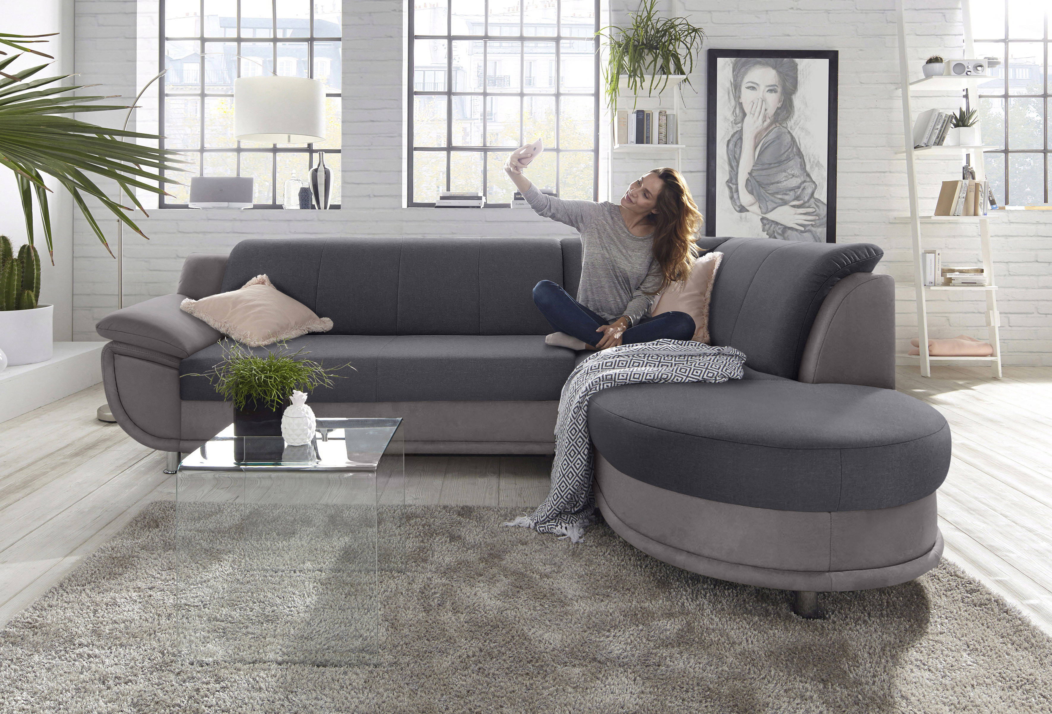 TRENDMANUFAKTUR Ecksofa "Rondo 3, zeitlos & bequem, Materialmix, L-Form, Breite 265cm" wahlweise mit Federkern für mehr Komfort, wahlweise mit Bettfunktion