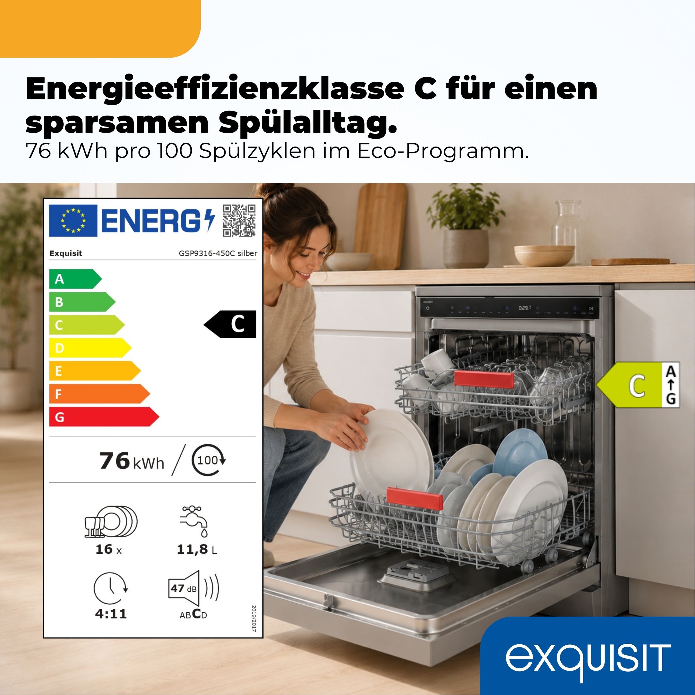 exquisit Standgeschirrspüler »GSP9316-450C silber« 10,9 l 16 tlg. Maßgedecke 16 Maßgedecke, LED, Besteckschublade, Auto Door Open, AquaStop