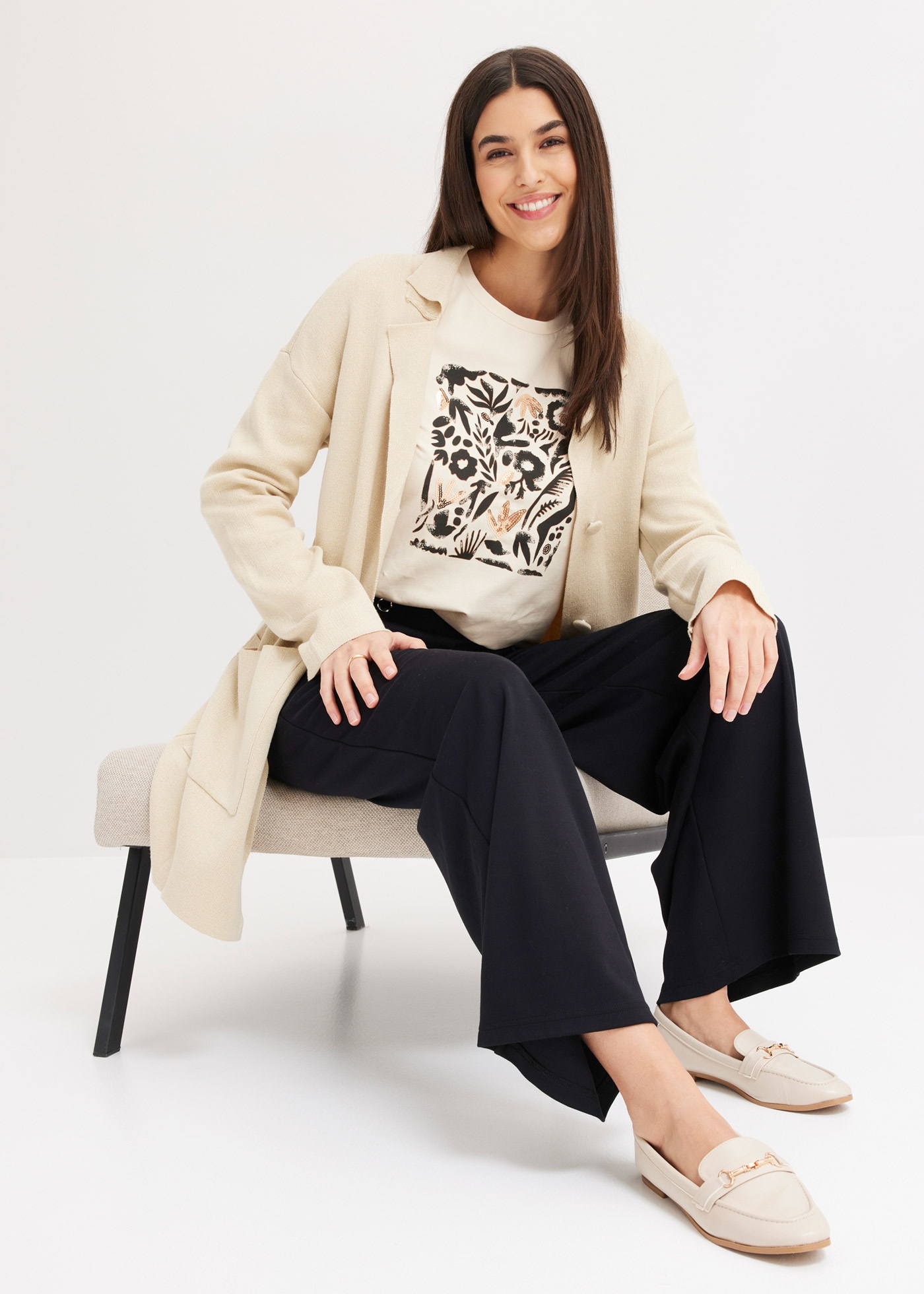 bonprix Langarmshirt Slim fit, Langarm, Druck mit Pailletten, für Frühling und Sommer