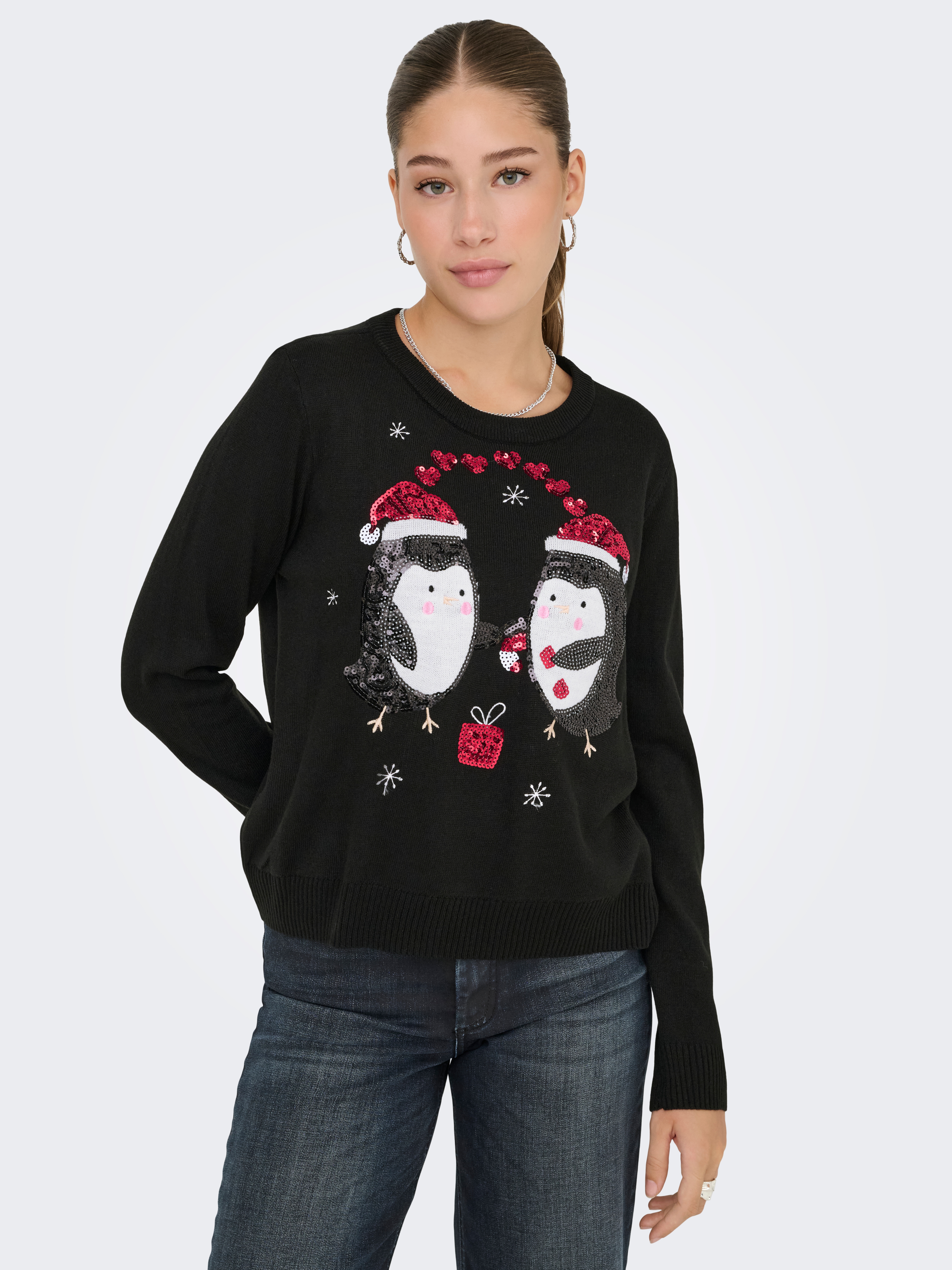 ONLY Weihnachtspullover "ONLXMAS SHINE LS ONECK KNT" Kunstfaser, Weihnachtsmotiv, Pailletten