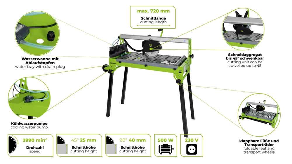 ZIPPER Fliesenschneidemaschine, Schneidaggregat bis 45° schwenkbar