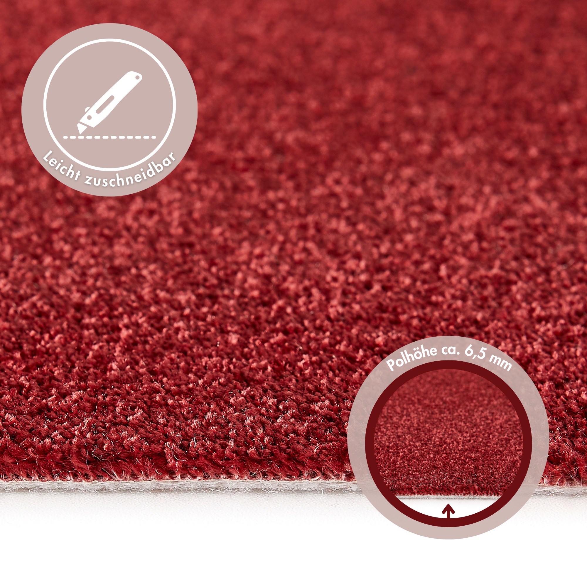 Teppichboden ANDIAMO "Verona, Velours, Gesamthöhe 6 mm, Made in Belgium", rot, B:500cm L:450cm, Kunstfaser, Teppiche, Uni Farben, Breite 400 cm oder 500 cm, strapazierfähig, pflegeleicht 2