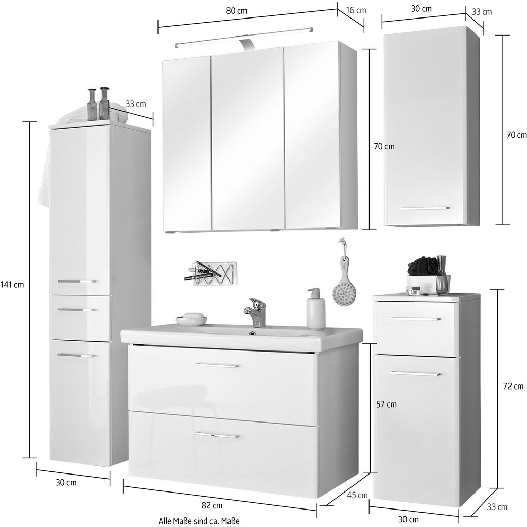 Saphir Badmöbel-Set »Quickset 316 5-teilig, inkl. Keramik-Waschtisch und LED-Spiegelschrank«, (Set, 5 St.), mit Türdämpfern in Weiß Hochglanz, 7 Türen, 3 Schubladen, 1 Klappe