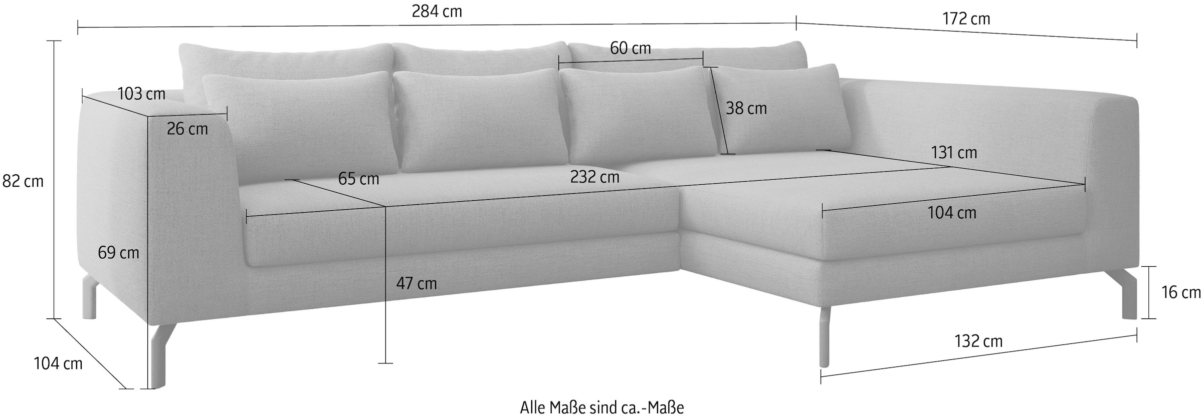 INOSIGN Ecksofa »Cross, mit softem Sitz, L-Form, wendbare Zierkissen, Breite 284 cm«, Couch mit vielen Kissen, stylische Kreuznaht, elegante Metallfüße
