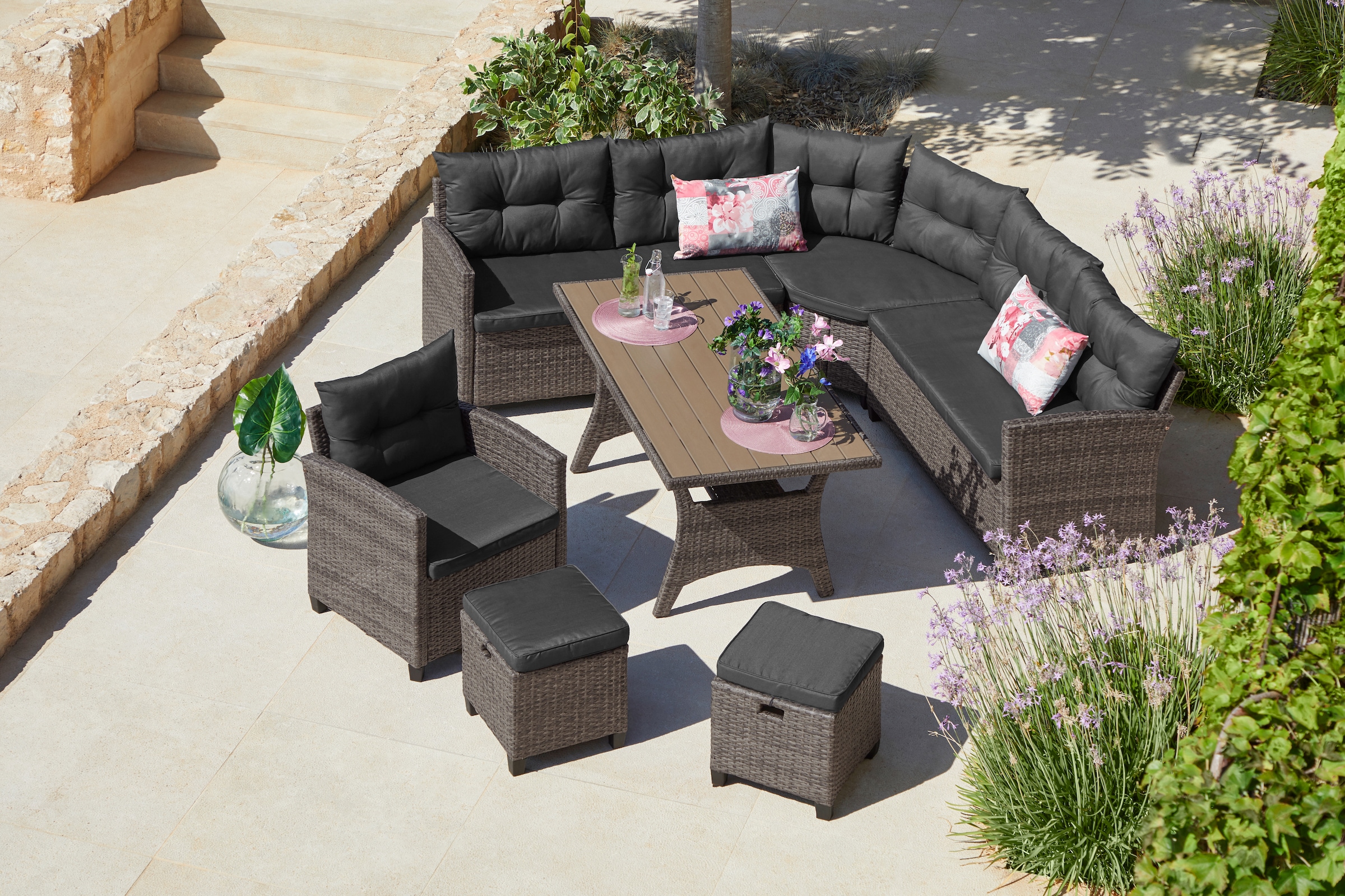 KONIFERA Gartenlounge-Set "Keros Premium", (Set, 20 tlg., 2x 2er Sofa, 1x Ecke, 1x Sessel, 2x Hocker, 1x Tisch 145x75x67