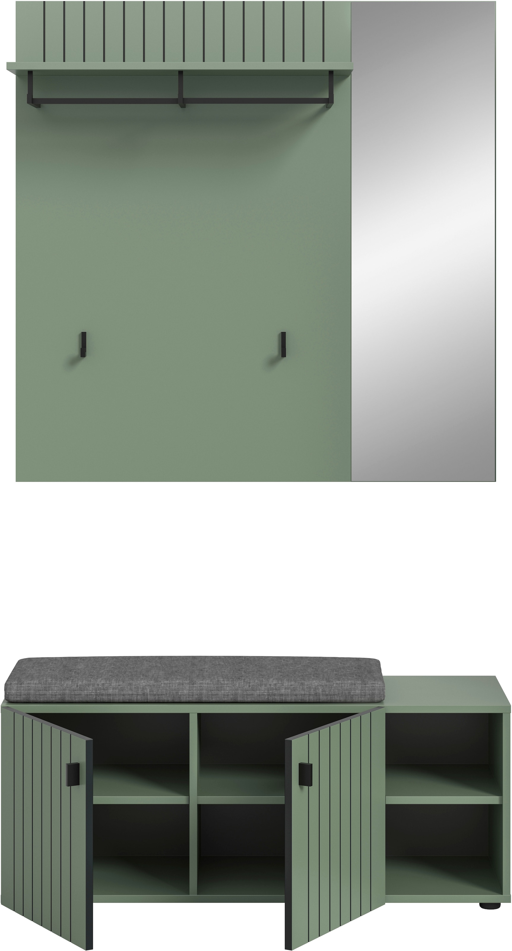 INOSIGN Garderoben-Set »TATIO, 3-tlg. Garderobenkombination, Breite: 106 cm, Rillenfräsung« Set, Set, best. aus: 1Paneel, 1 Garderobensitzbank inkl. Kissen, 3 Stk. tlg.