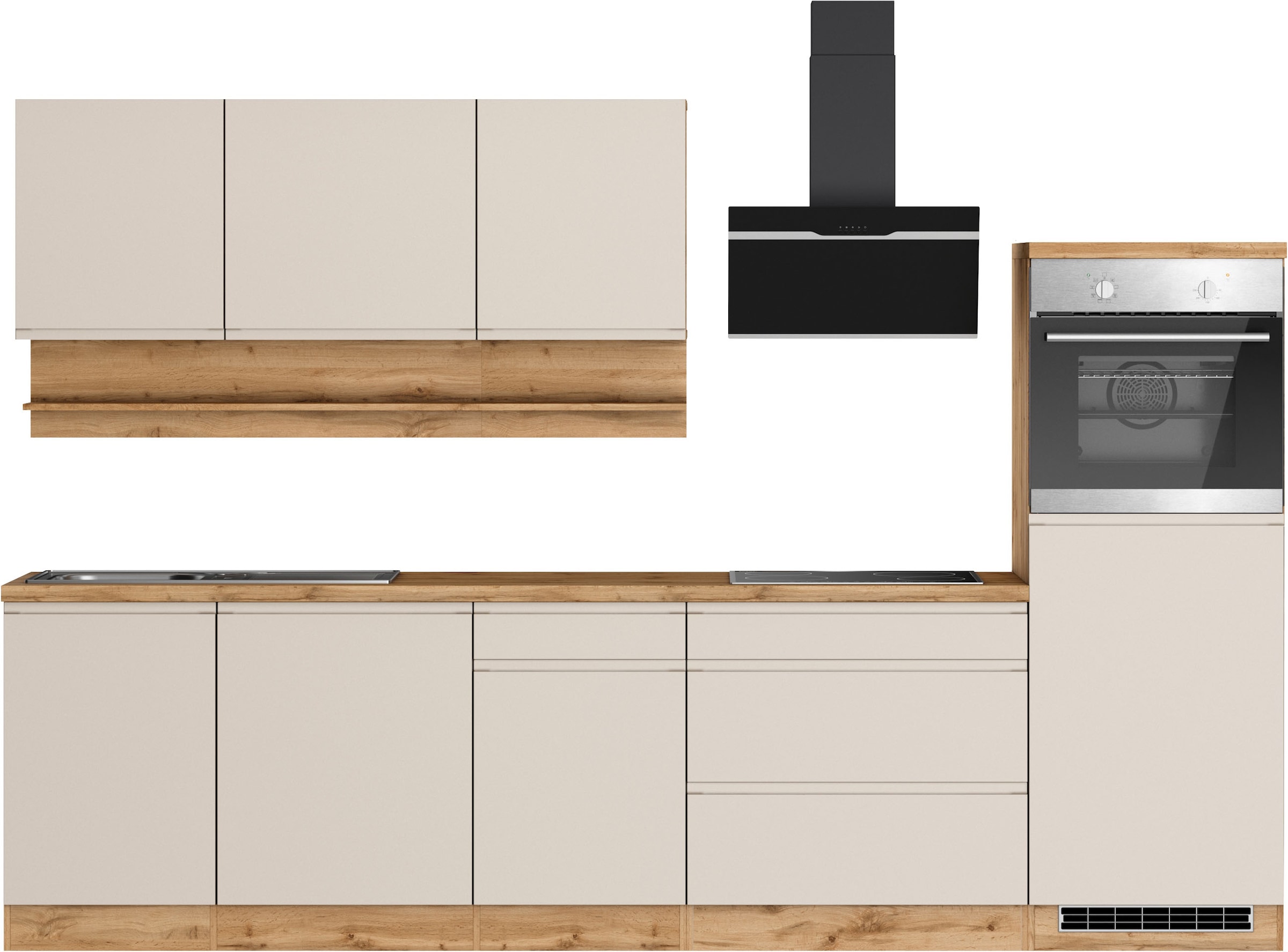 KOCHSTATION Küchenzeile "KS-Virginia,neu in verbesserter Ausführung" Arbeitsplatte 38 mm stark, Stauraum, Softclose, Breite 300 cm, Soft-Close, wahlweise mit E-Geräten