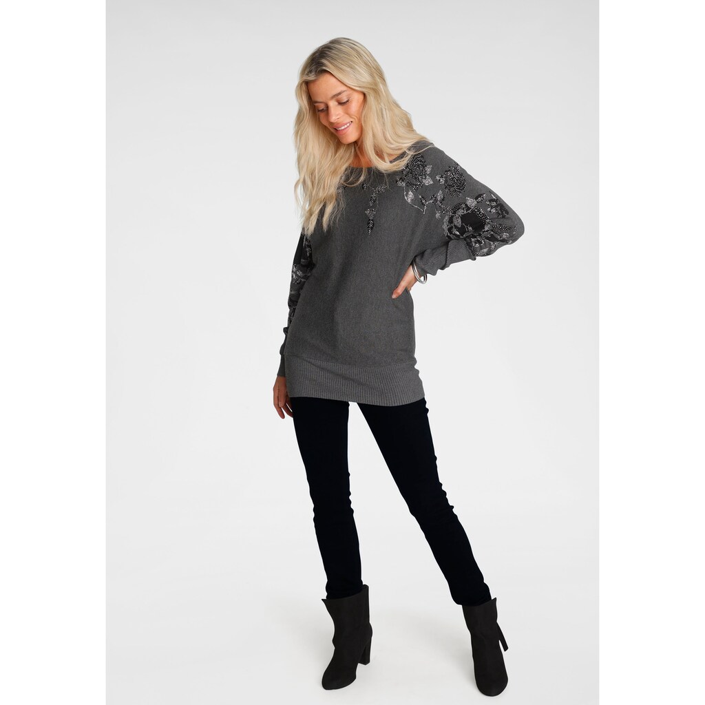 Damenmode Pullover Melrose Fledermauspullover, mit Blumenmuster und Glitzersteinen dunkelgrau Damenmode Pullover Melrose Fledermauspullover, mit Blumenmuster und Glitzersteinen dunkelgrau