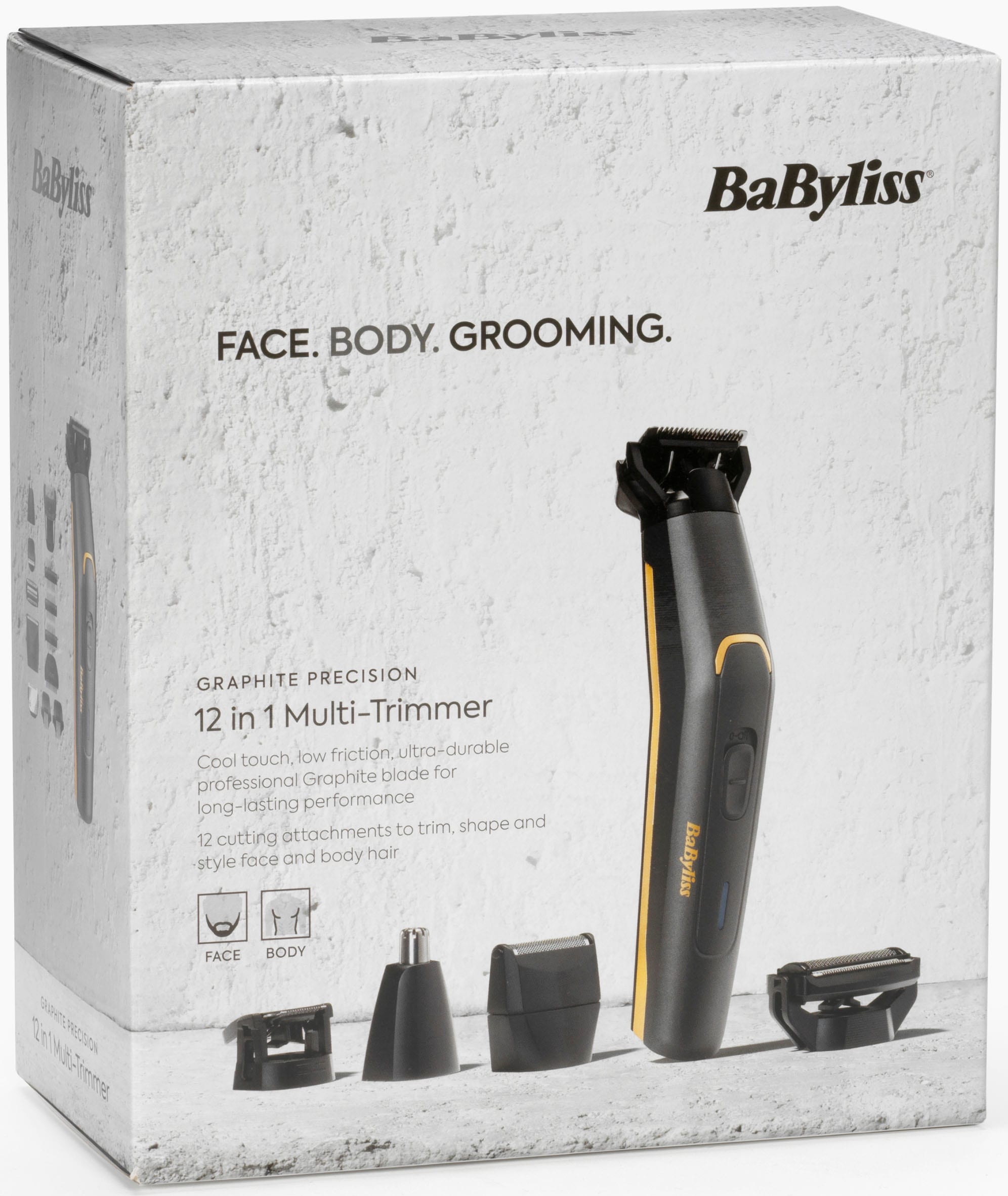 BaByliss Multifunktionstrimmer »Graphite Multi Trimmer MT987E«, 5 Aufsätze, Langlebige Graphit-Klinge, 12-in-1 Funktionr