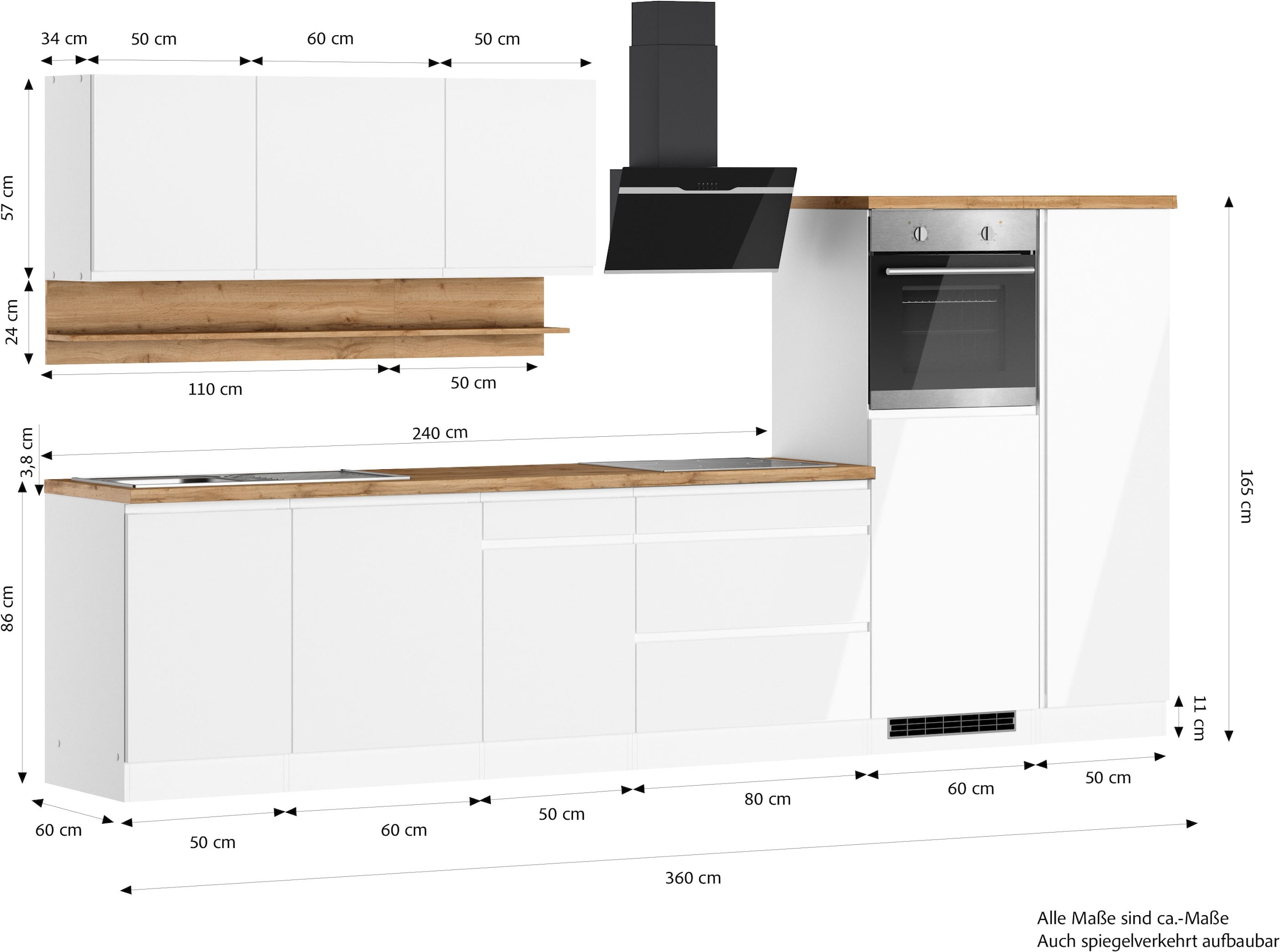 KOCHSTATION »KS-Virginia,neu in verbesserter Ausführung« Arbeitsplatte 38 mm stark, Stauraum, Softclose,  Breite 350 cm, Soft-Close, ohne E-Geräte