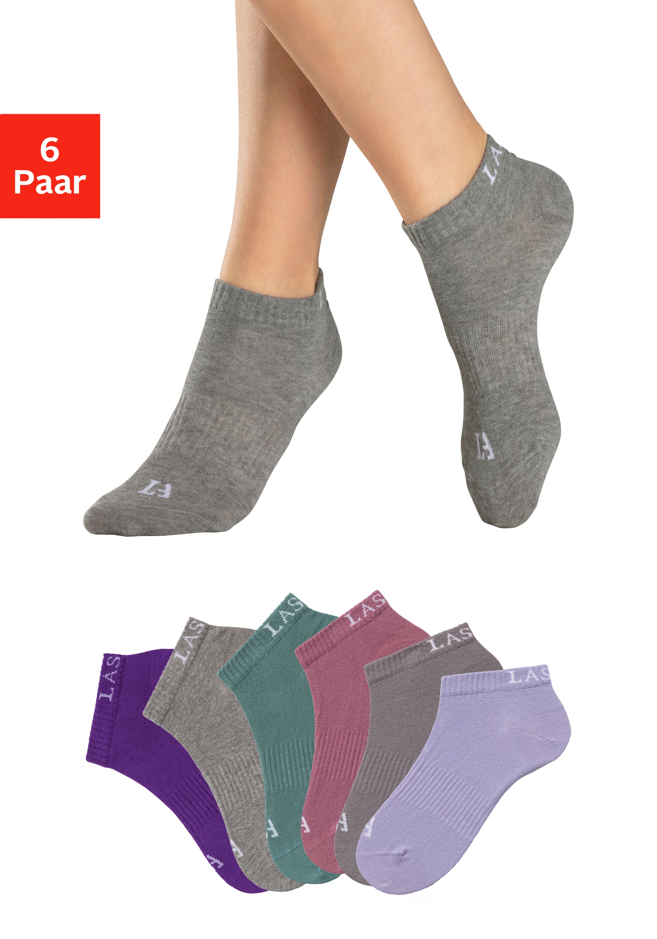 LASCANA ACTIVE Sneakersocken "Damen Sportsocken, Kurzsocken ohne Frottee Laufsocken" Packung, 6 Stk. tlg. mit eingestricktem Marken Logo