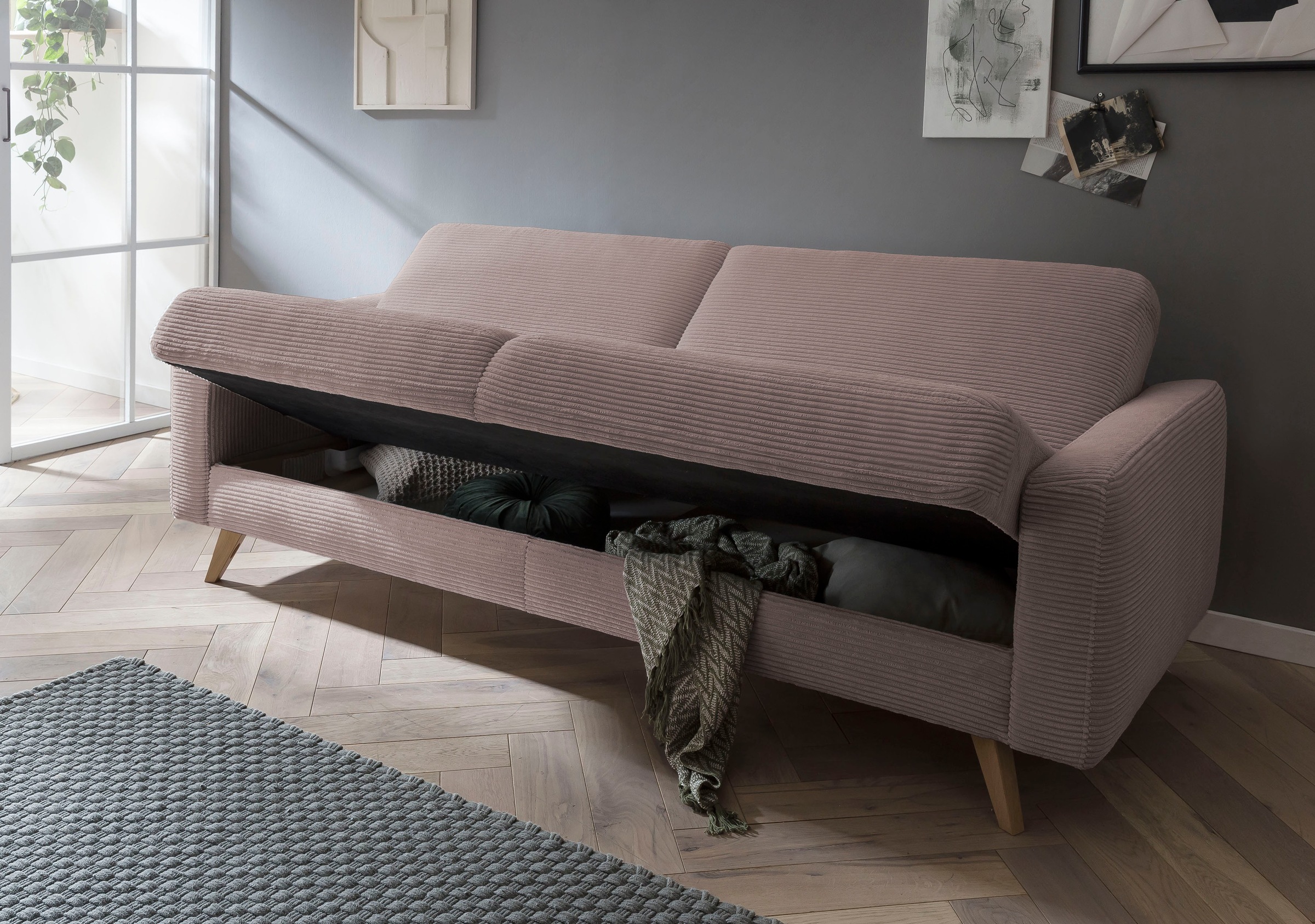 exxpo - sofa fashion 3-Sitzer »Samso, elegant und bequem, aktueller Cord Bezug, Kippcouch«, hochwertige Verarbeitung, Schlafsofa inkl. Bettfunktion und Bettkasten