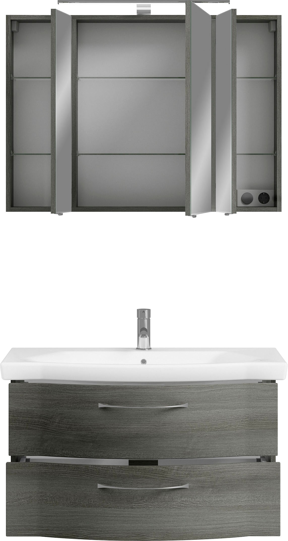 Saphir Badmöbel-Set »6005 Sprint 2-teilig, Keramik-Waschtisch mit LED-Spiegelschrank«, (2 St.), Waschplatz 98 cm breit, inkl. Türdämpfer, 3 Türen, 2 Schubladen