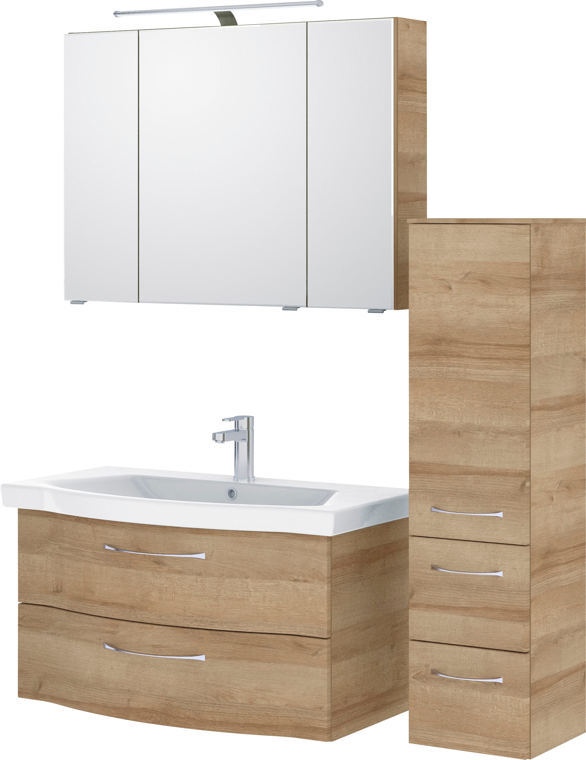 Saphir Badmöbel-Set »6005 Sprint 3-teilig, Keramik-Waschtisch mit LED-Spiegelschrank«, (4 St.), Midischrank, inkl. Türdämpfer, 4 Türen, 4 Schubladen, Bad-Set