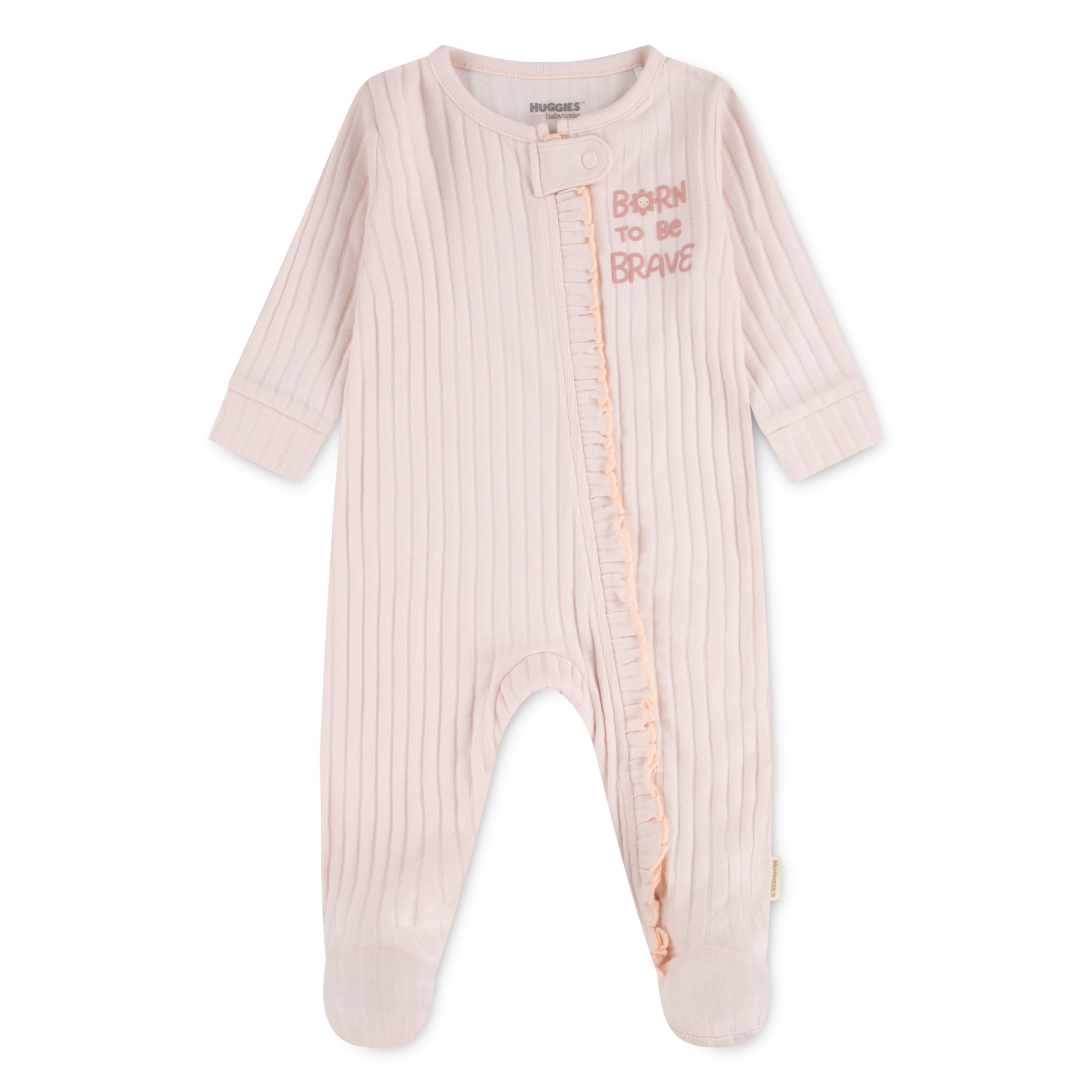 Strampler HUGGIES BABYWEAR "HUGG FOOTED COVERALL", Jungen, Gr. 4 (74), N-Gr, rosa (huggies crystal pink), Jersey, Obermaterial: 100% Baumwolle, Rundhals, Bündchen, Overalls, mit Rüschenbesatz