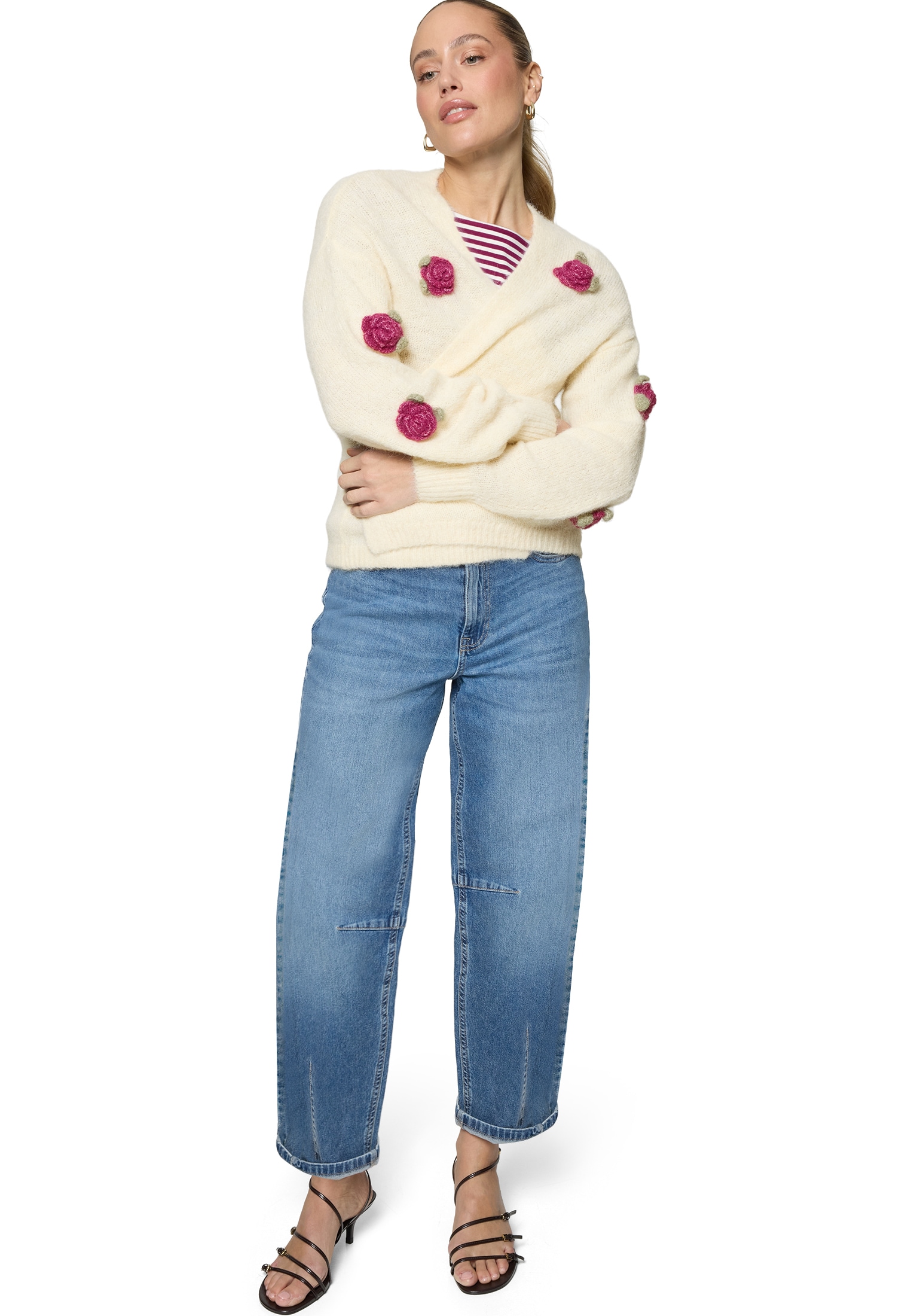 Zero Strickjacke »Damen mit bunten 3D Blumen« 1 Knopfleiste