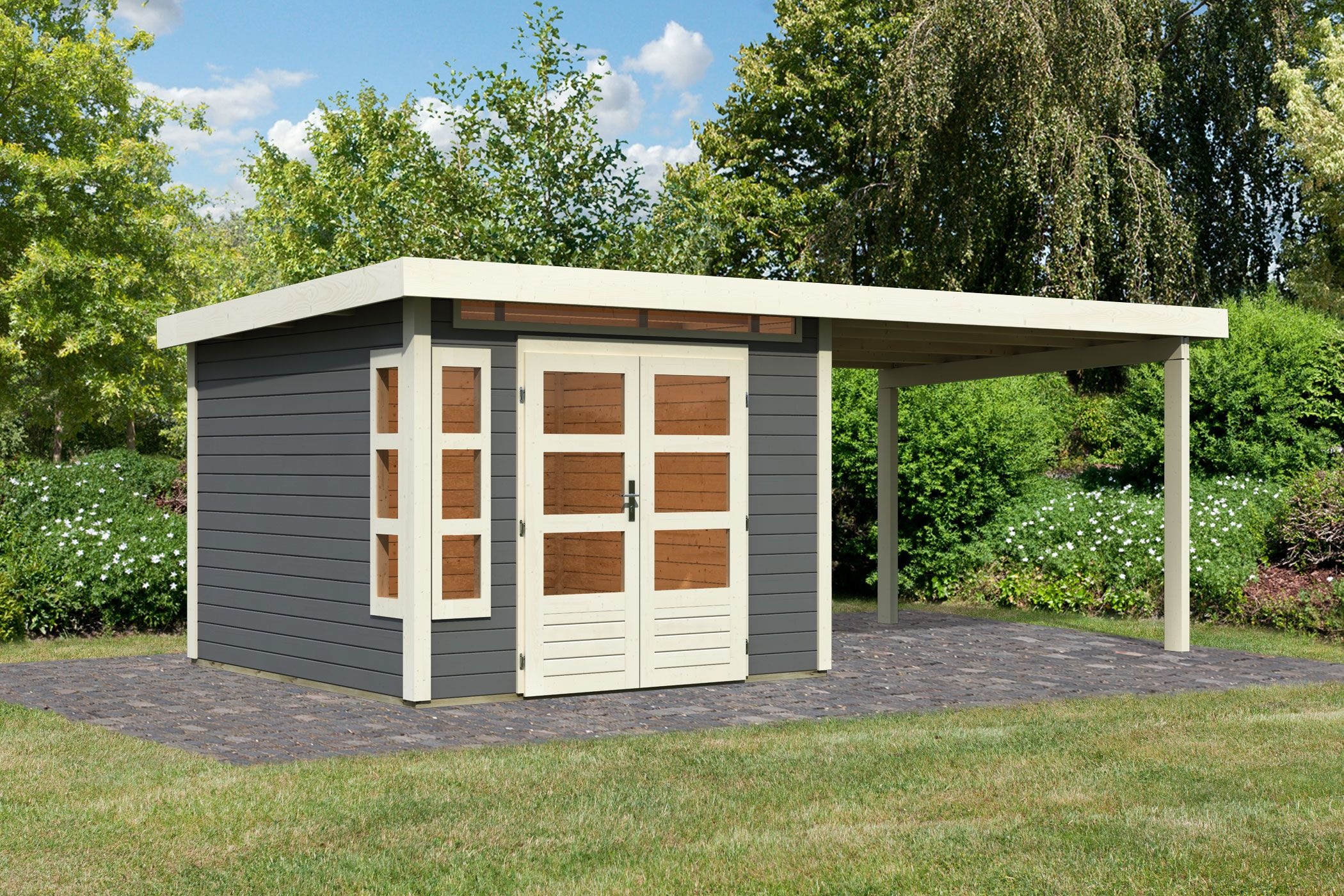 Karibu Gartenhaus "Kolimasee 6" mit Anbaudach 3,2 m, terragrau günstig online kaufen