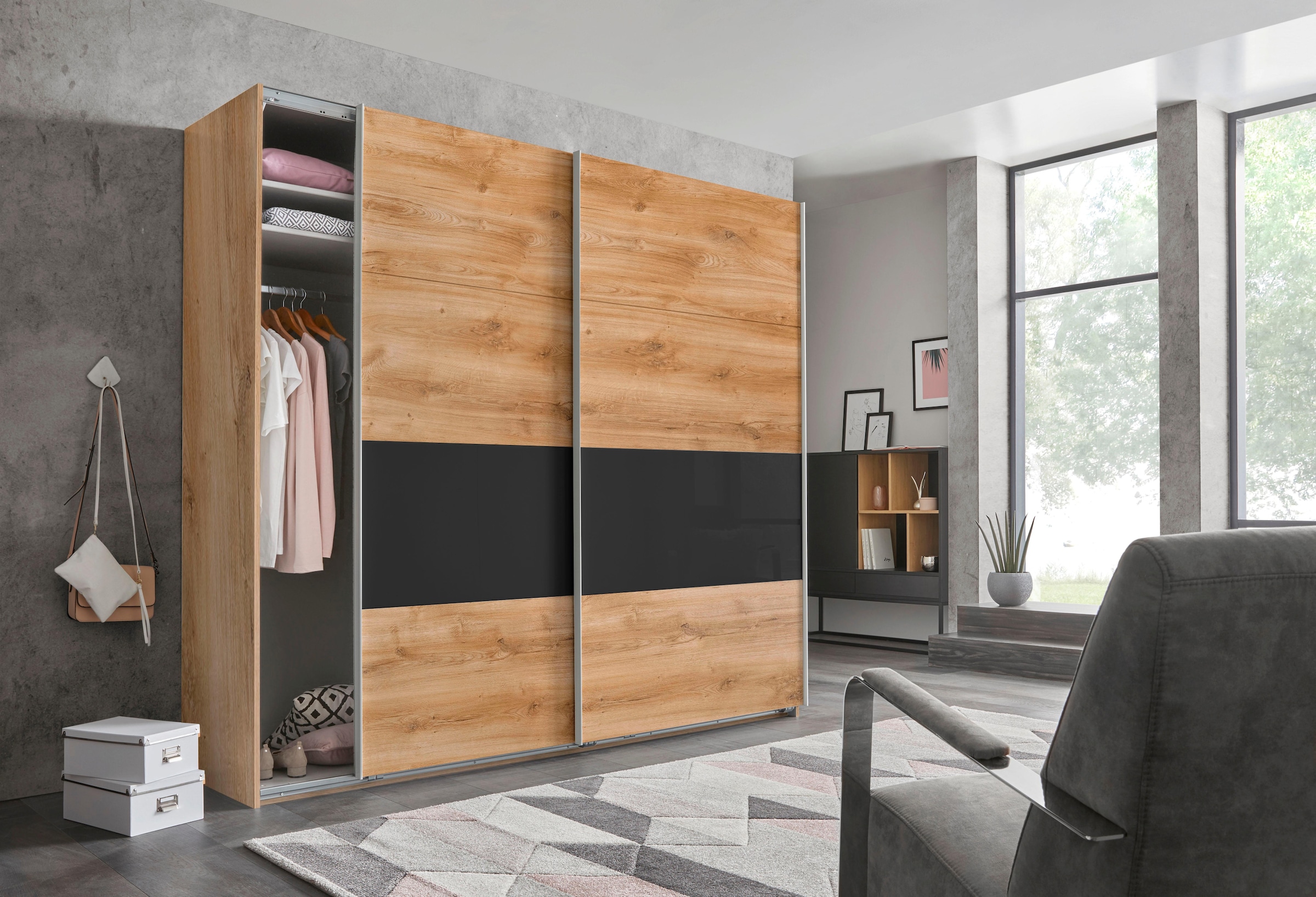 Wimex Schwebetürenschrank "Bramfeld Kleiderschrank" mit Glaselementen und zusätzlichen Einlegeböden