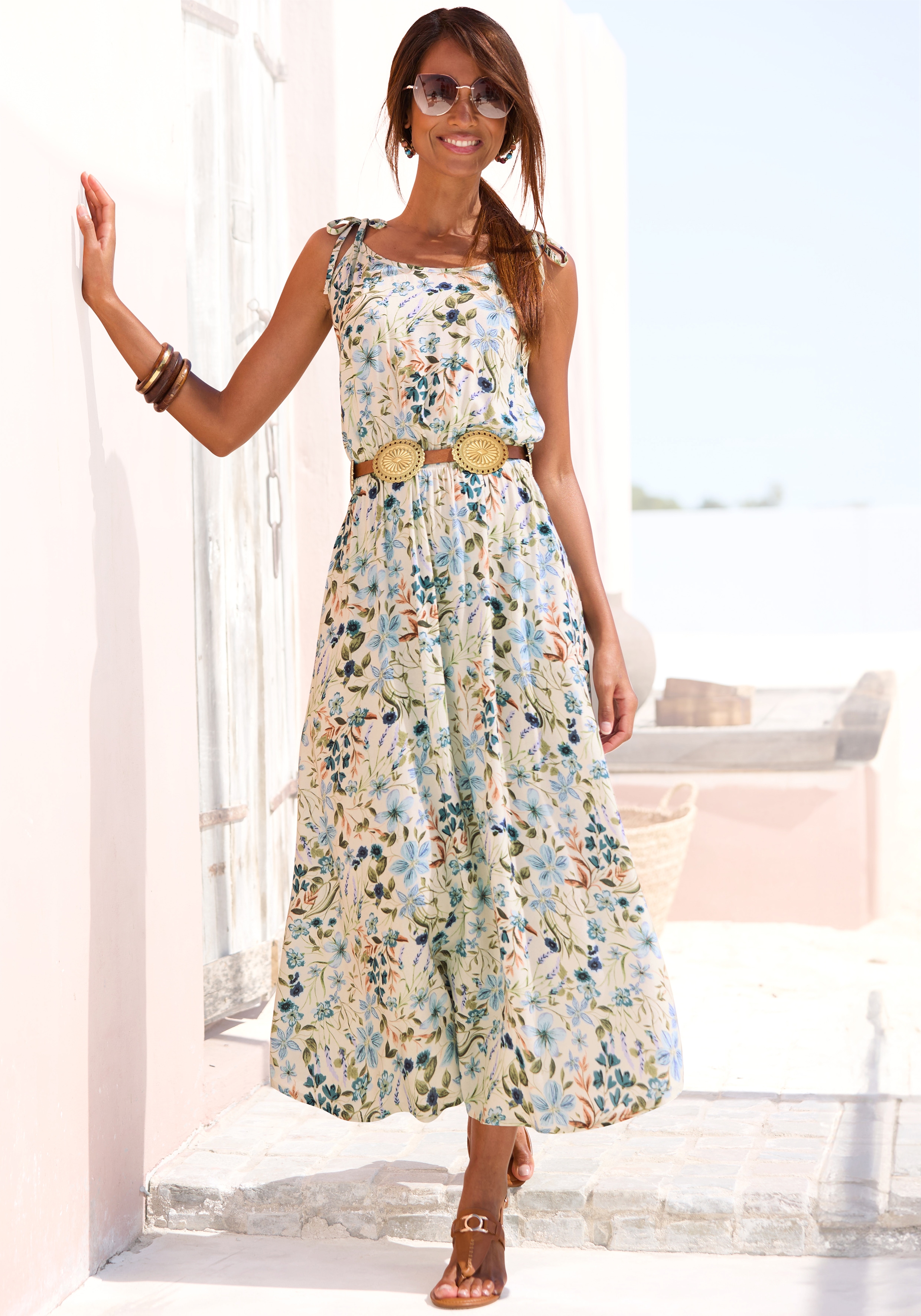 Buffalo Midikleid "mit blumendruck aus gewebter Viskose" Seitennahttaschen Sommerkleid, Spaghettikleid, Blumenkleid, Boho-Kleid aus Viskose