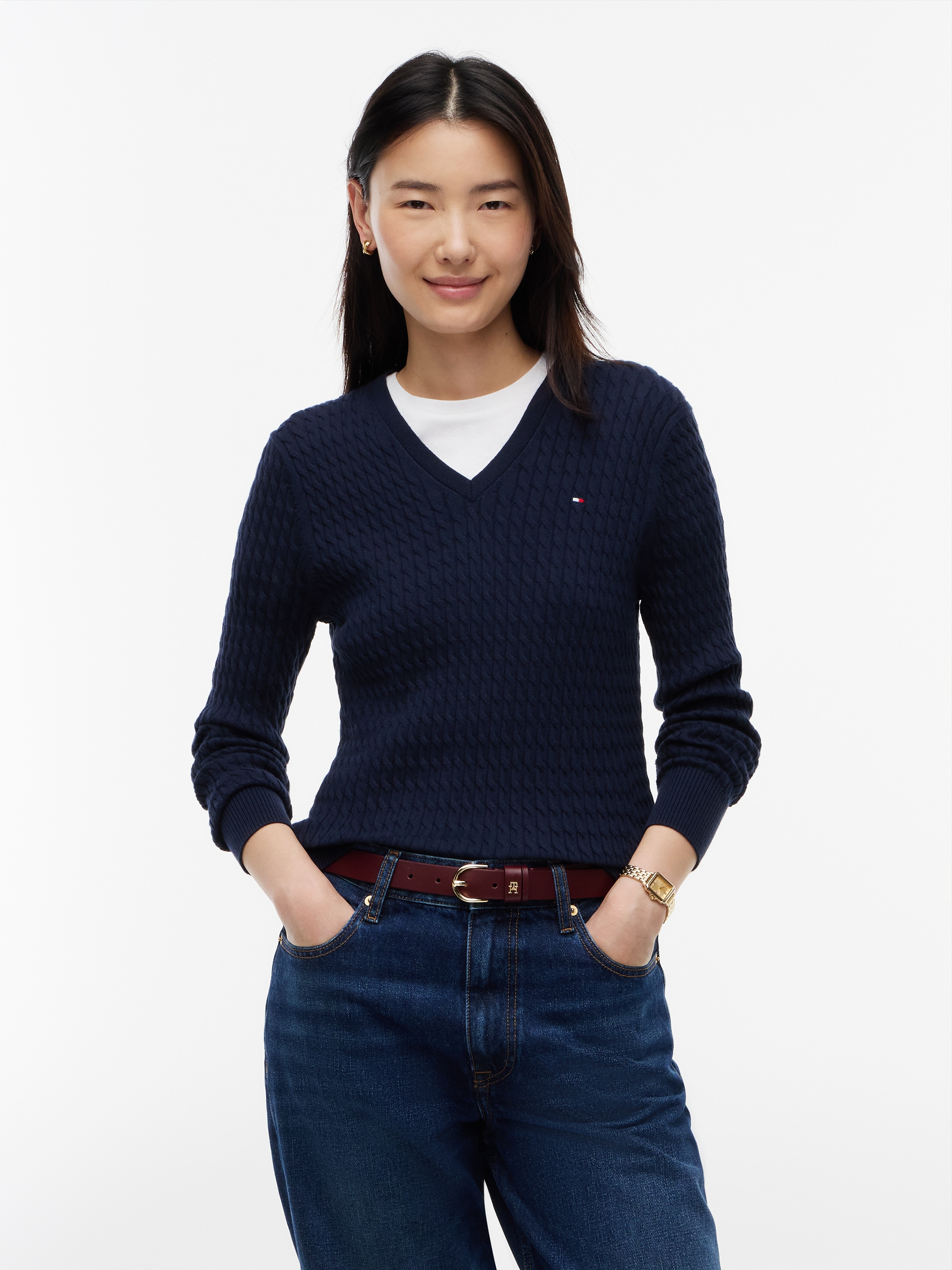 Tommy Hilfiger Strickpullover "CO CABLE FINE GG V-NK LS SWT" Baumwolle, mit Zopfmuster