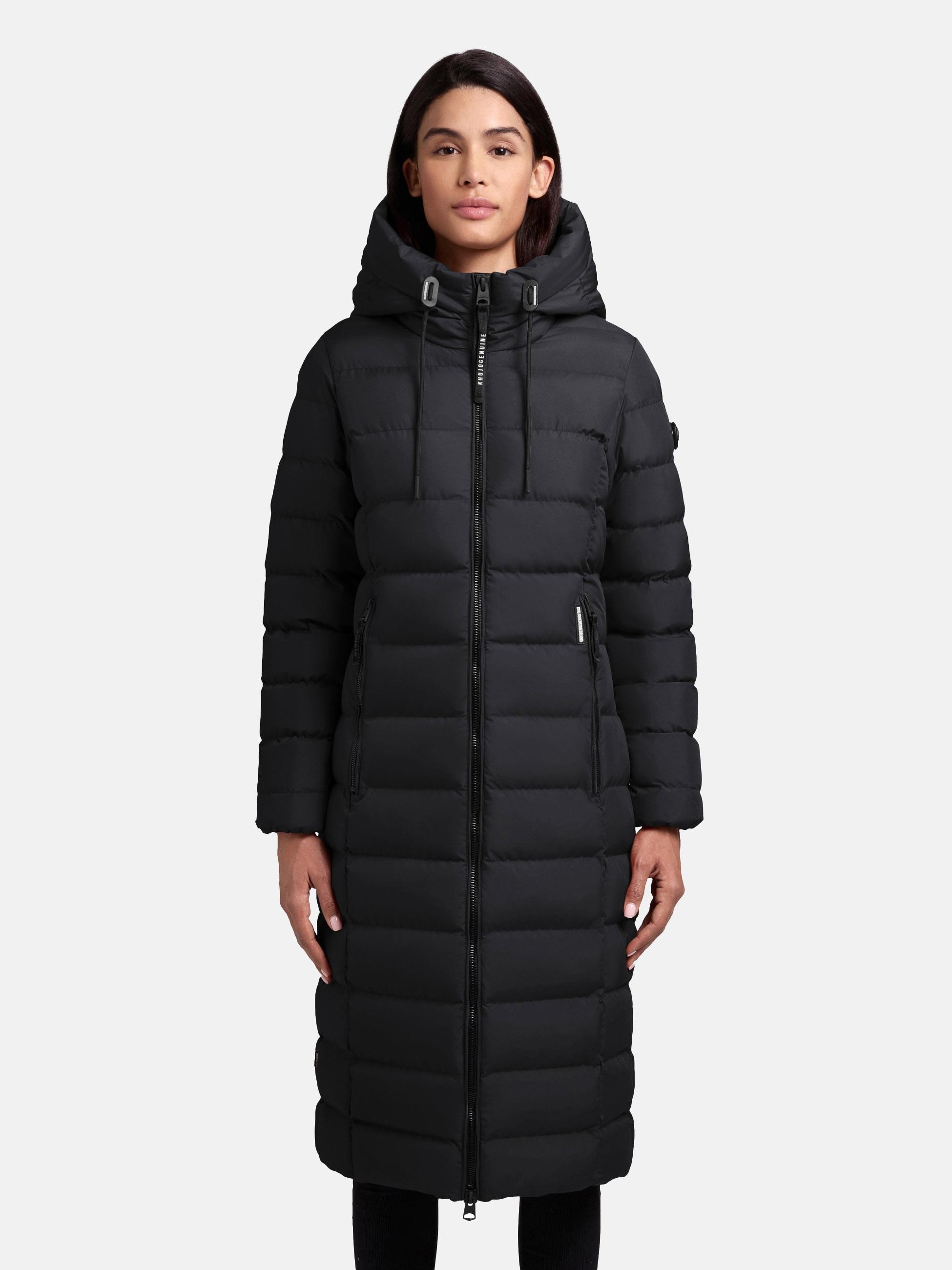 Wintermantel KHUJO "Simmie-YM", Damen, Gr. XXL (44), schwarz, Obermaterial: 100% Polyester; Innenfutter: 100% Nylon; Wattierung: 100% Polyester, tailliert kniebedeckend, hoch geschlossener Ausschnitt, Ärmel ohne Ärmelschlitz elastischer Bund mit Gummizug,