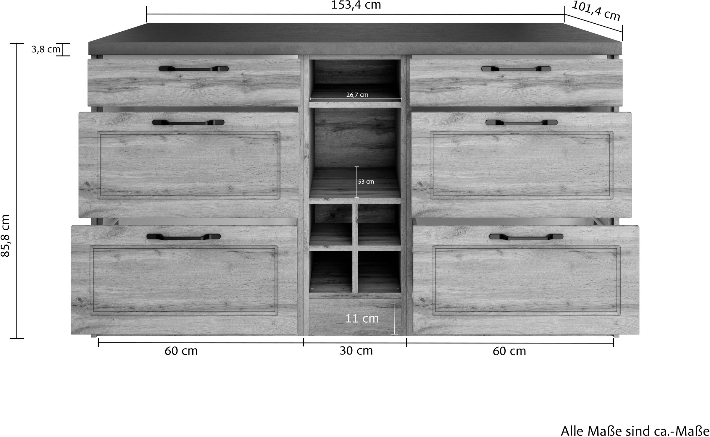 KOCHSTATION Kücheninsel »KS-Lani, Breite 153 cm, mit Flaschenregal«, MDF-Fronten, Arbeitsplatte 38mm stark