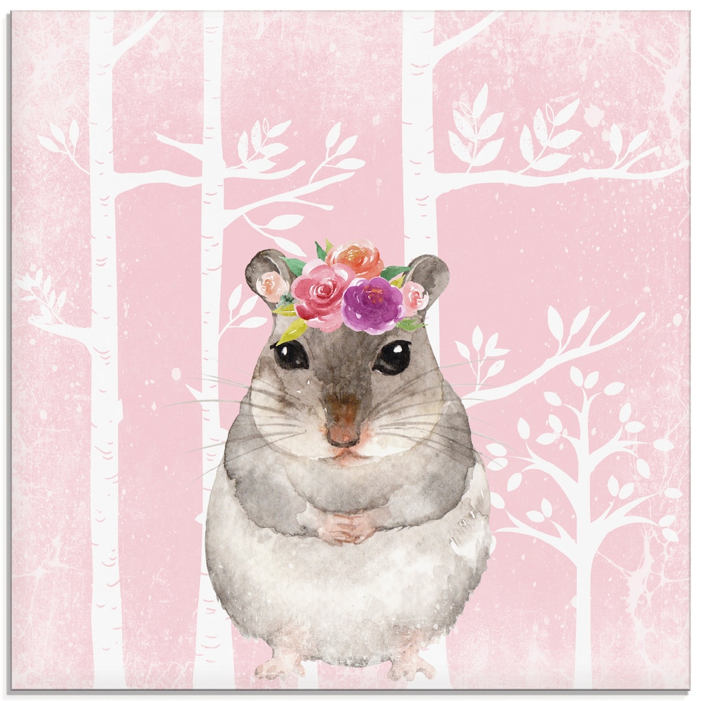 Artland Glasbild »Hamster mit Blumen im pink Wald«, Tiere, (1 St.)