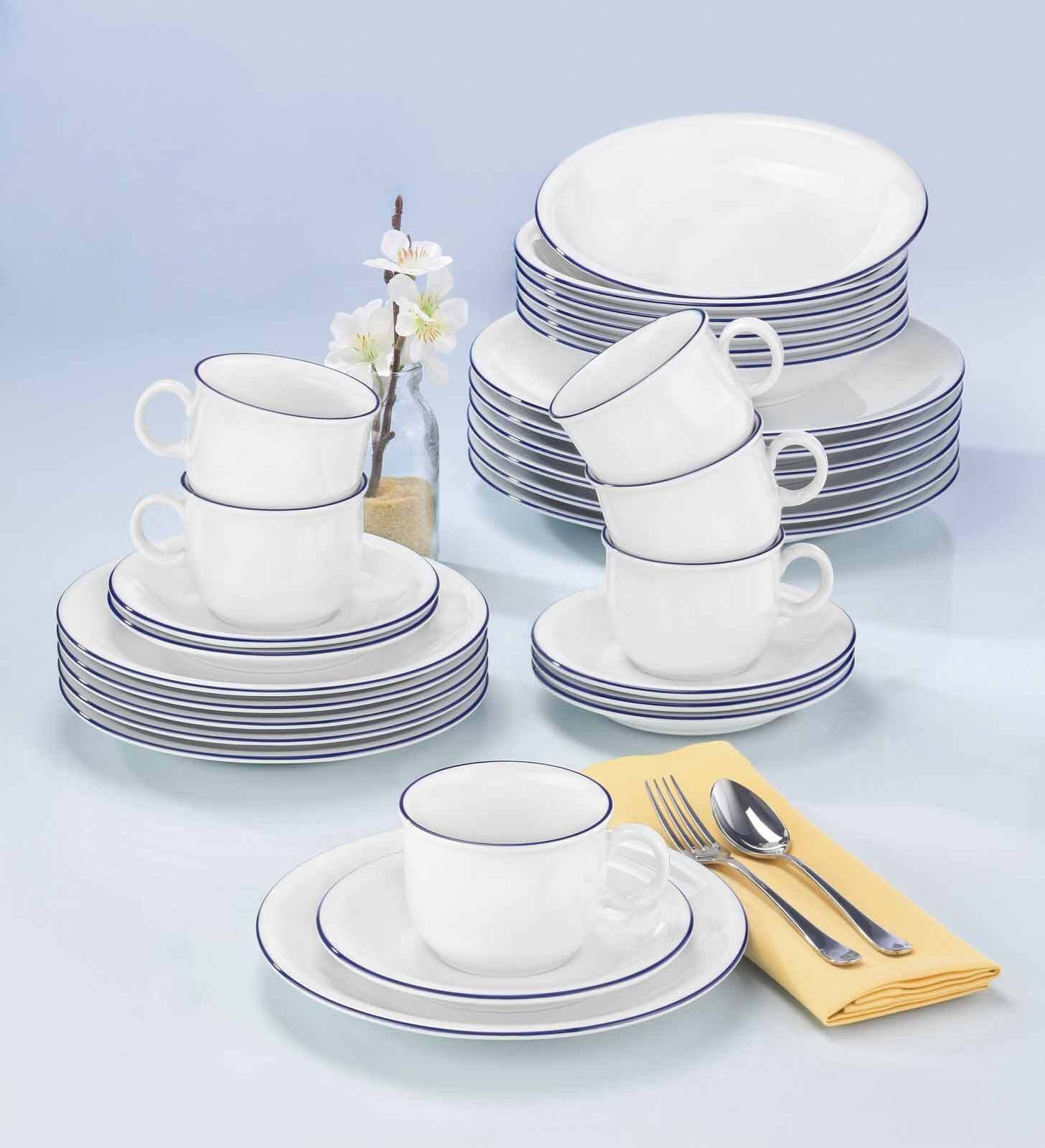 Seltmann Weiden Geschirr-Set »Kombiservice Compact Blaurand 30er Set weiß-blau« Spülmaschinengeeignet, Mikrowellengeeignet, Ofenfest, Salamandergeeignet, Kühlschrankgeeignet, Gefrierschrankgeeignet