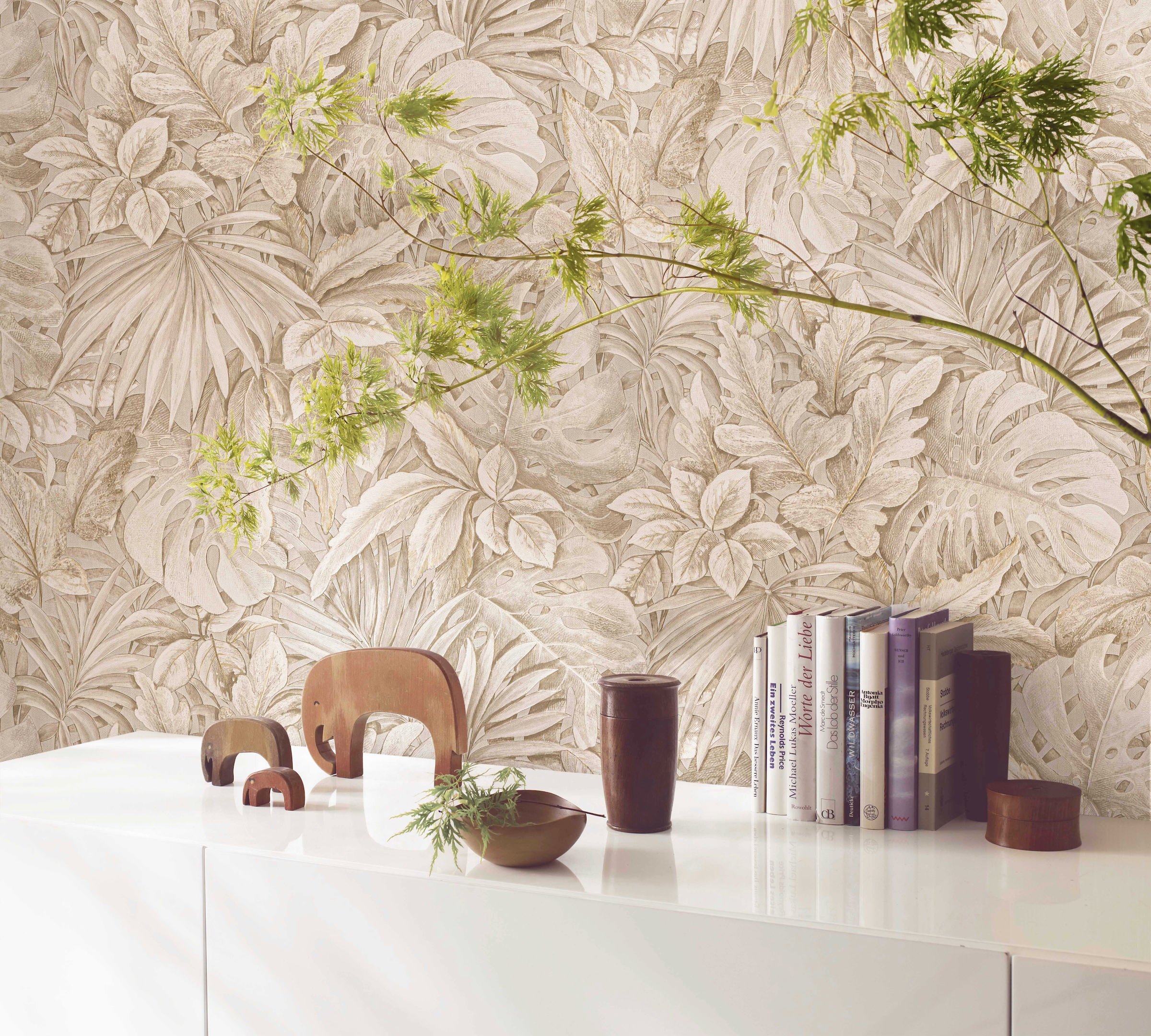 Marburg Vliestapete, matt-botanisch-floral, Blattmuster, moderne Tapete für Wohnzimmer Schlafzimmer Küche