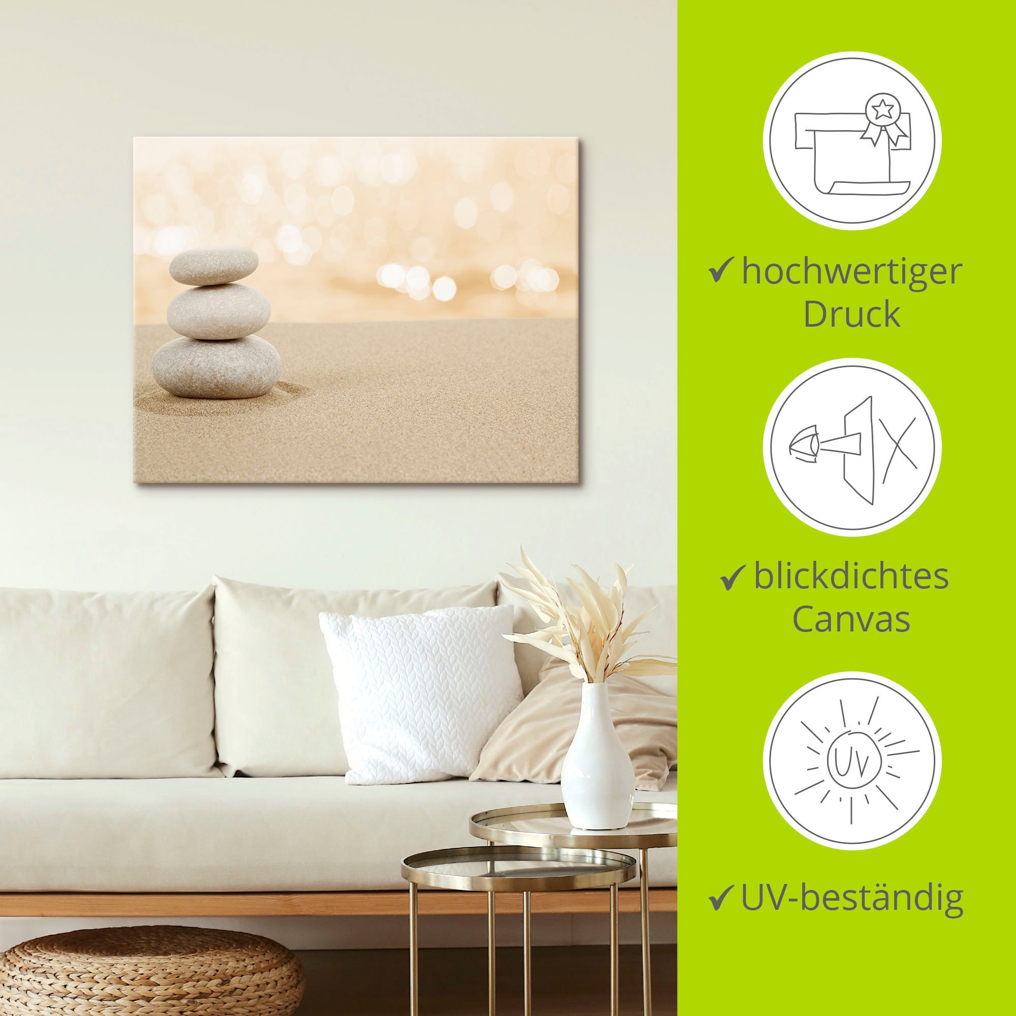 Artland Wandbild »Zen Steine im Sand«, Zen, (1 St.), als Leinwandbild, Poster in verschied. Größen