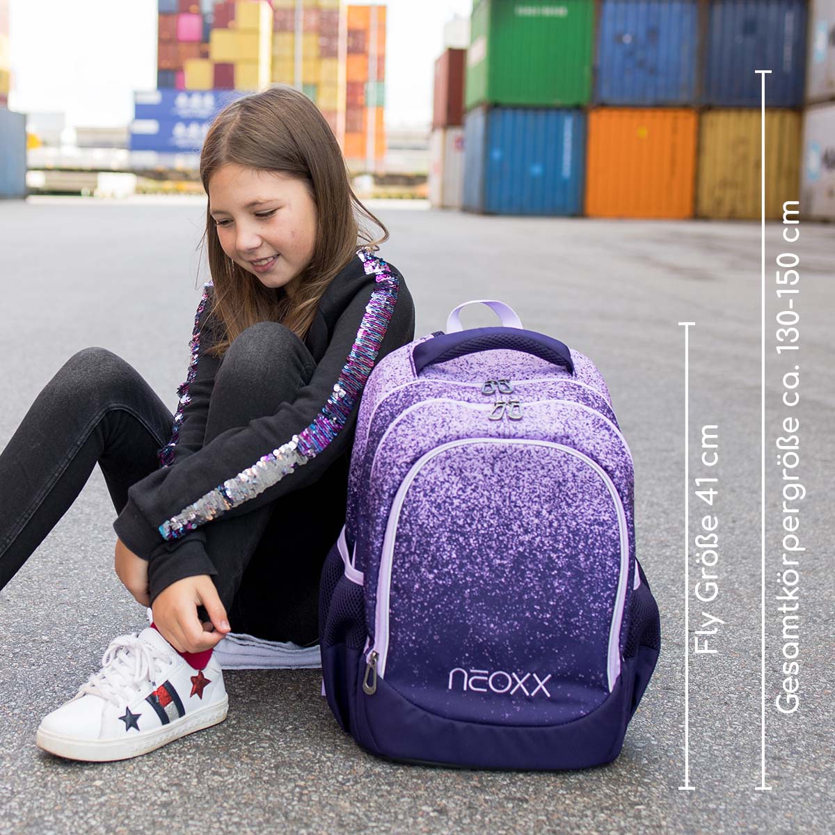 neoxx Schulrucksack »Fly, Glitterally perfect«, Reflektionsnaht, aus recycelten PET-Flaschen