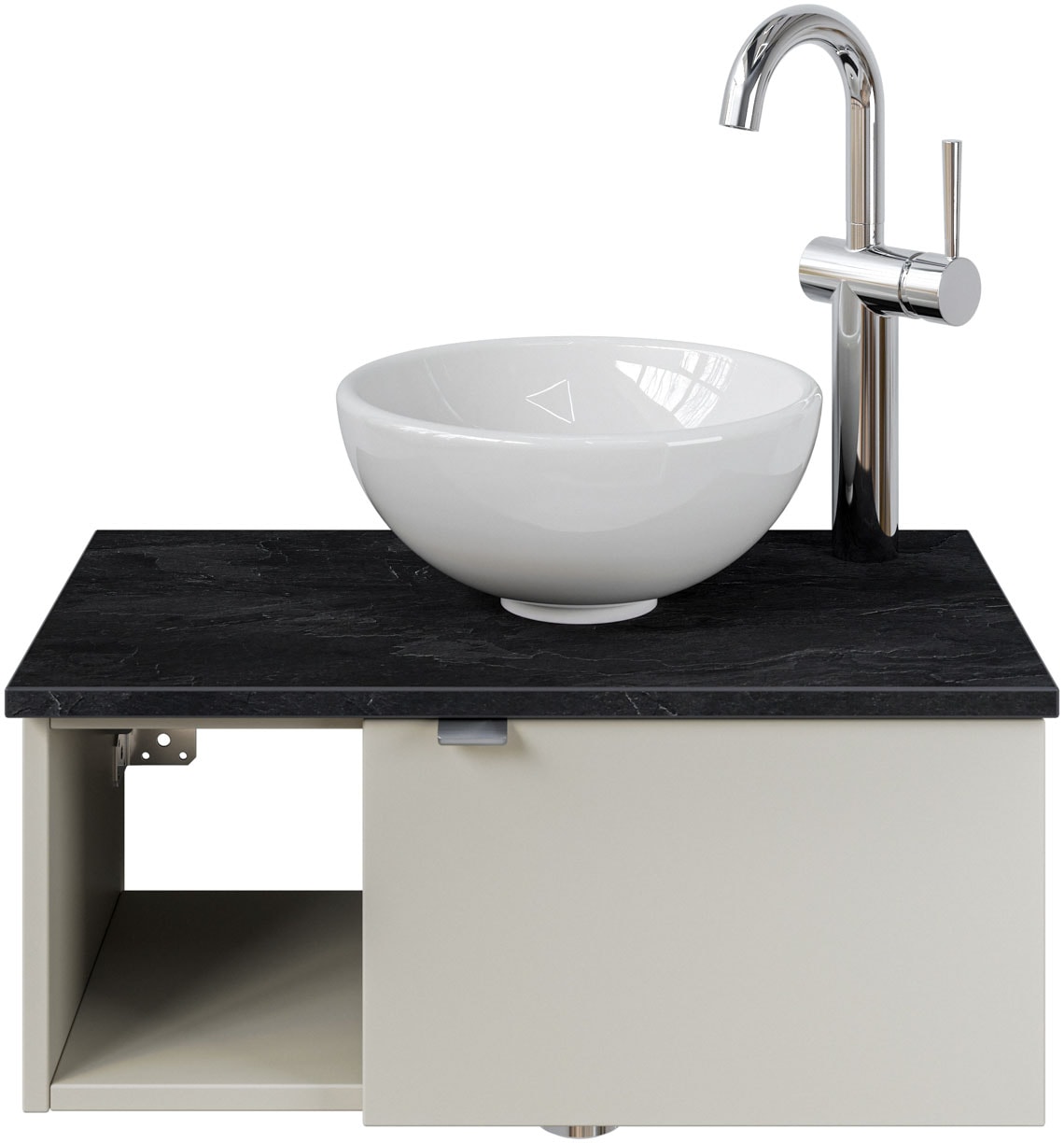 Saphir Waschtisch "Serie 6915 Waschschale mit Unterschrank für Gästebad, Gäste WC" Keramik-Aufsatzbecken, Waschtischplatte, Waschtischunterschrank, 3 Stk. tlg. 61 cm mit Keramik-Aufsatzbecken, 1 Tür und 1 Fach