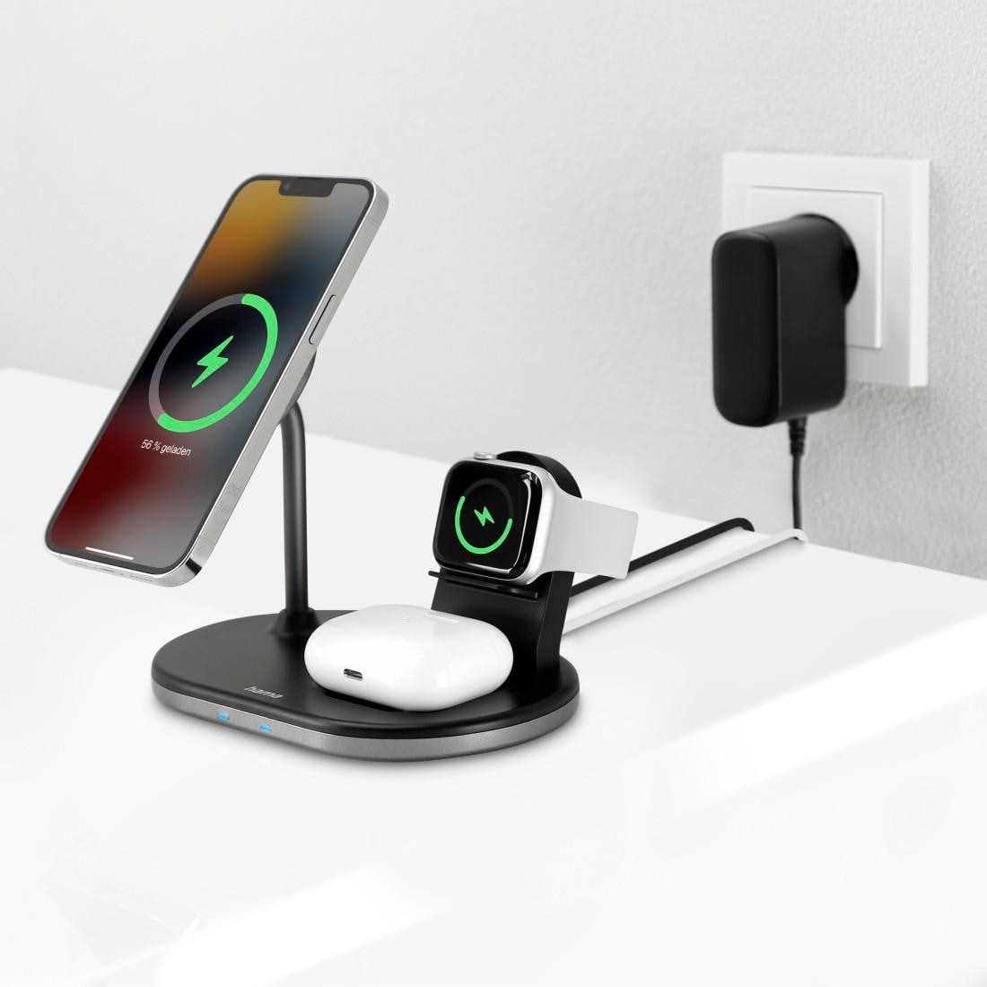 Hama Induktions-Ladegerät »3in1 Wireless Charger Ladestation für Apple iPhone AirPod Apple Watch«, mit Pad, Fast-Charge-Technologie, Apple iPhone 12, 13, 14, 15-Modelle