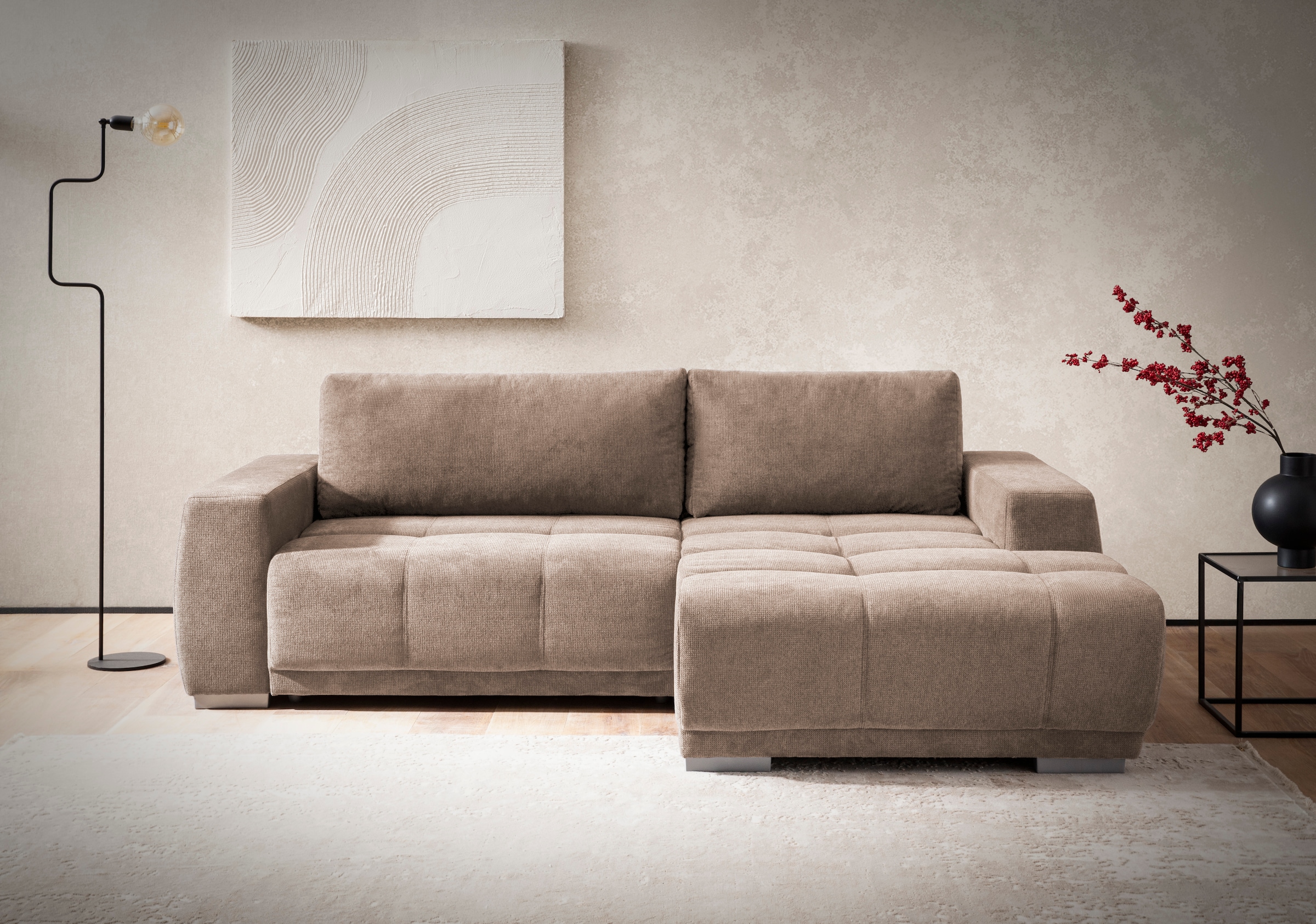 OTTO home Ecksofa "Bolero L-Form, B: 241 cm, bequeme Wellenunterfederung, wahlweise" mit Schlaffunktion und Bettkasten, Liegefläche 187x122cm, Gästebett