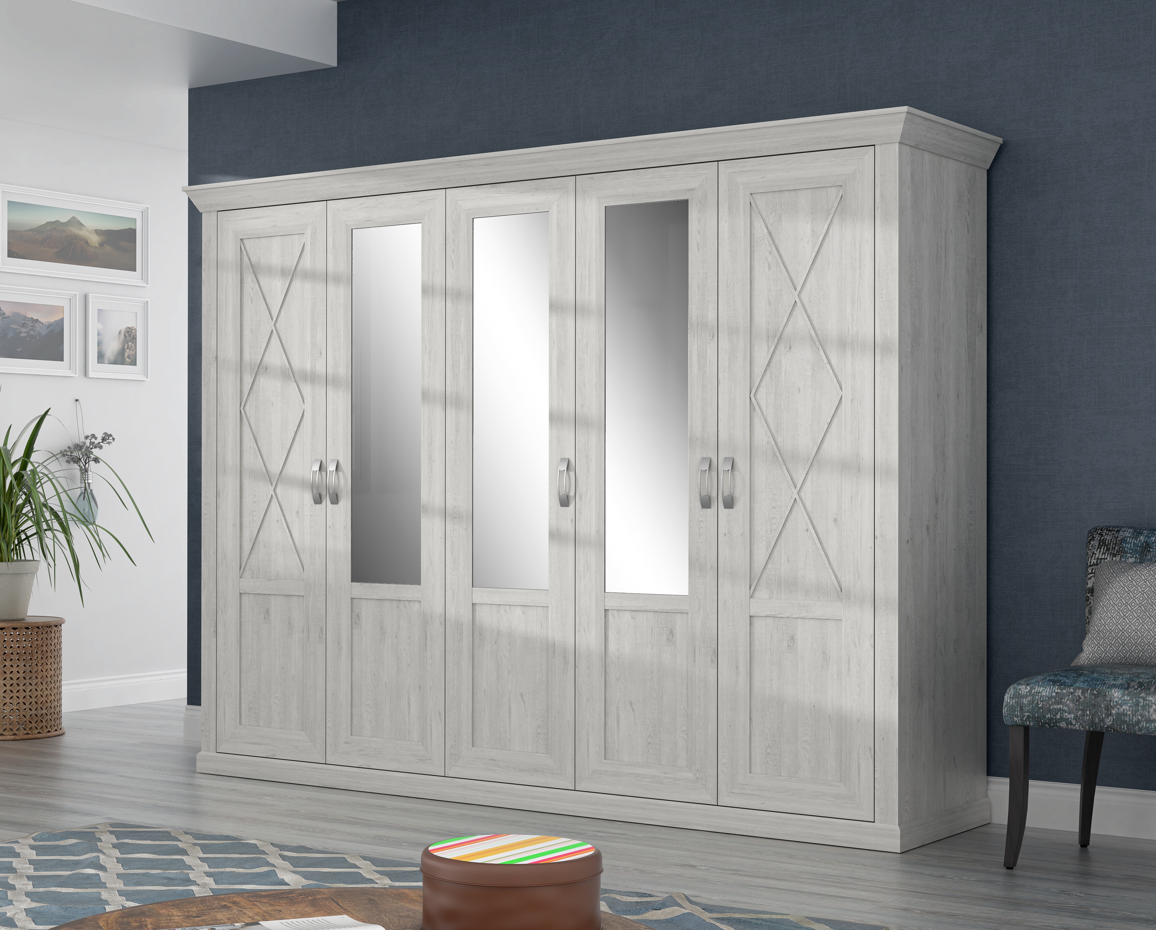 FORTE Kleiderschrank "Kashmir, Landhausstil, inklusive edlem Passepartout-Rahmen" Maße (B/T/H): 268,5/63/206cm, mit Spiegel und dekorative Fräsungen und Elementen, Made in Europe