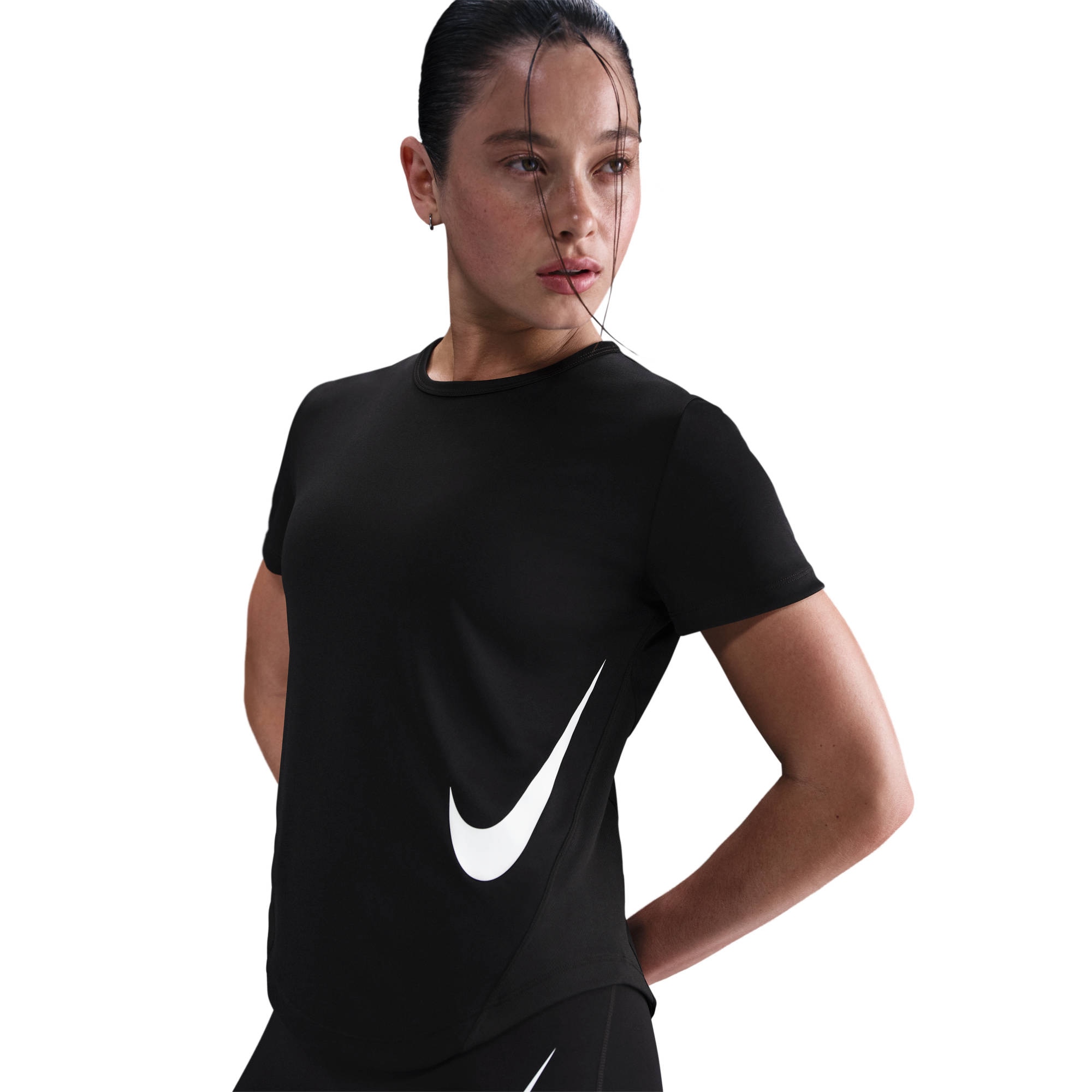 Lauftop NIKE "W NK TEMPO SWSH HBR DF SS TOP", Damen, Gr. L, schwarz, weiß, Obermaterial: 100% Polyester, Tops, für Laufaktivitäten, aus Polyester, leichtes Material
