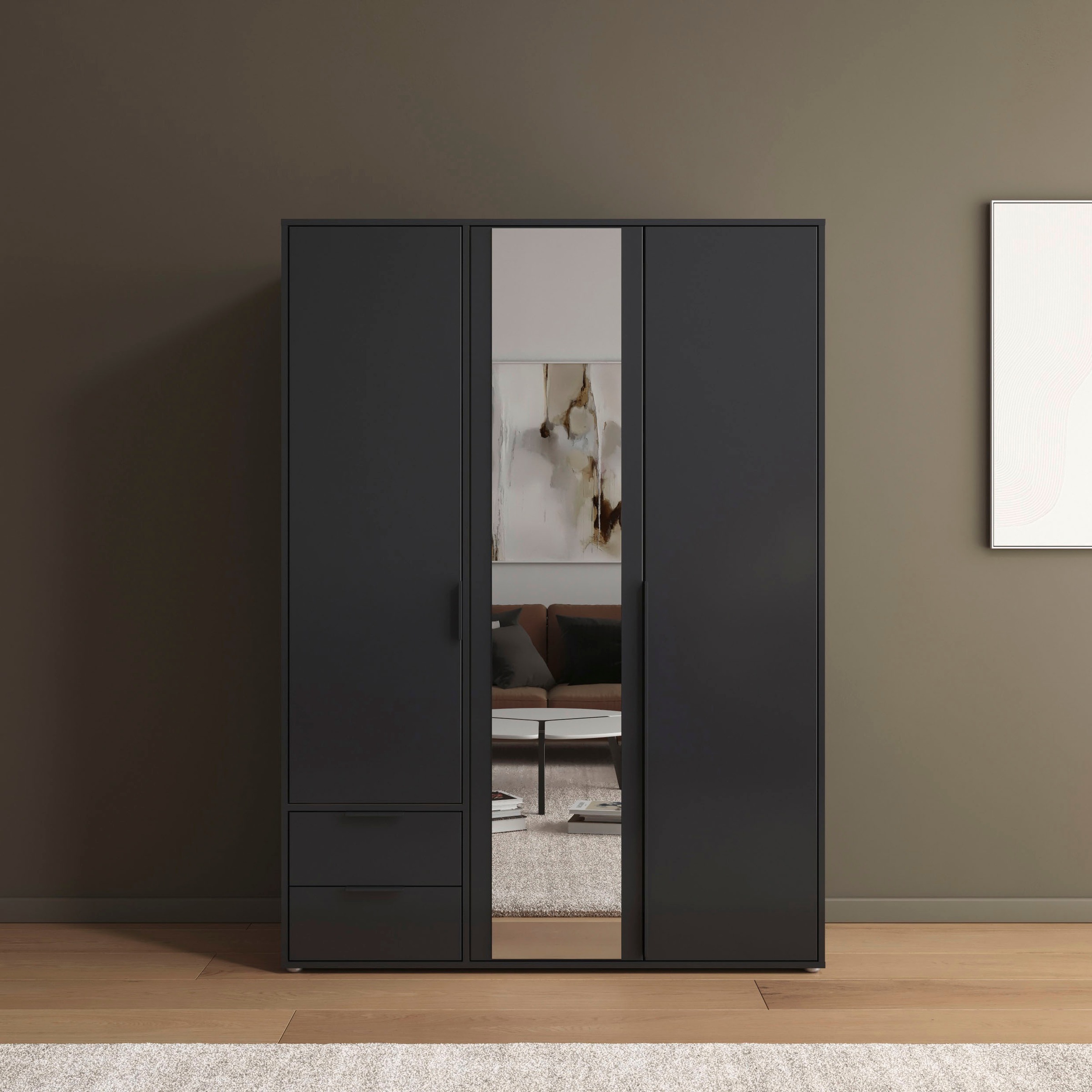 rauch Drehtürenschrank »Kleiderschrank Schrank Garderobe Wäscheschrank NAGATA mit Spiegel«, (in 3 verschiedenen Ausstattungen BASIC/CLASSIC/PREMIUM), und Schubladen sowie Stangengriffen TOPSELLER MADE IN GERMANY