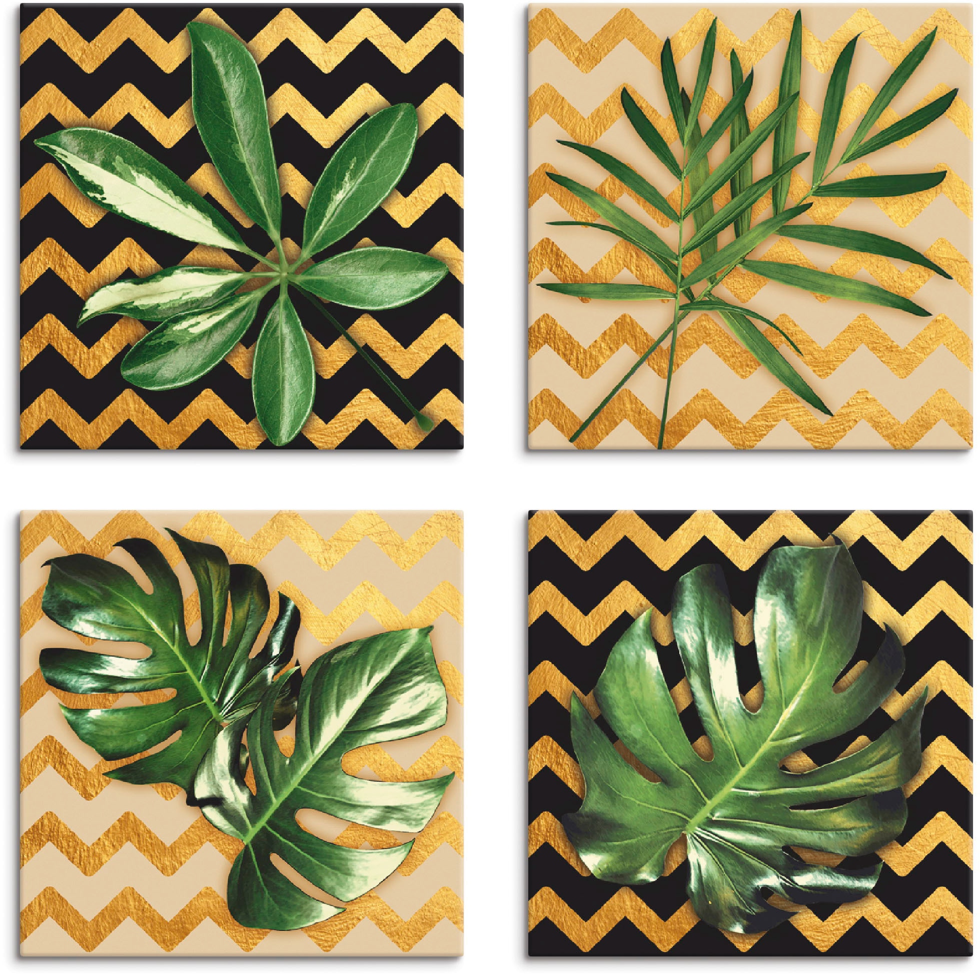 Artland Leinwandbild "Blätter Zickzack-Muster", Blätter, (4 St.), 4er Set, verschiedene Größen