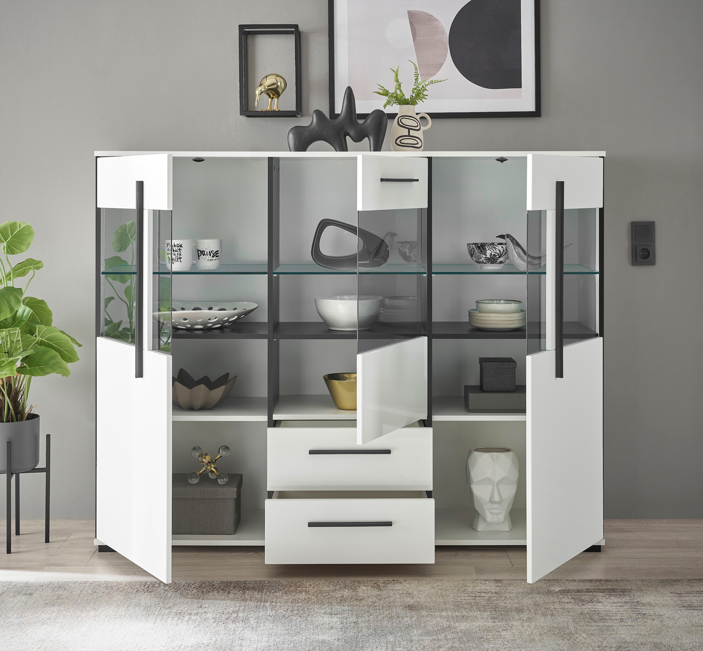 INOSIGN Highboard »Cantara, moderner Schrank, Vitrine in Eiche Dekor oder weiß«, schwarze Stangengriffe, ausreichend Stauraum, vielseitig einsetzbar