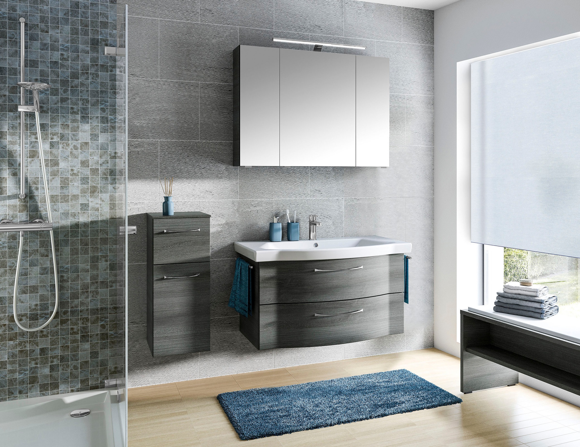 Saphir Badmöbel-Set »6005 Sprint 3-teilig, Keramik-Waschtisch mit LED-Spiegelschrank«, (4 St.), Unterschrank, inkl. Türdämpfer, 4 Türen, 3 Schubladen, Bad-Set