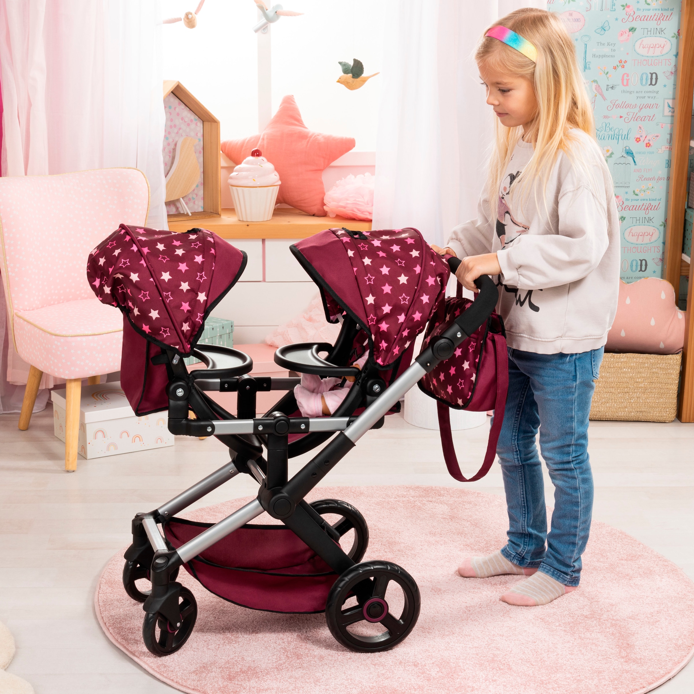 Bayer Puppen-Zwillingsbuggy »Xeo Twin bordeaux«, mit Wickeltasche