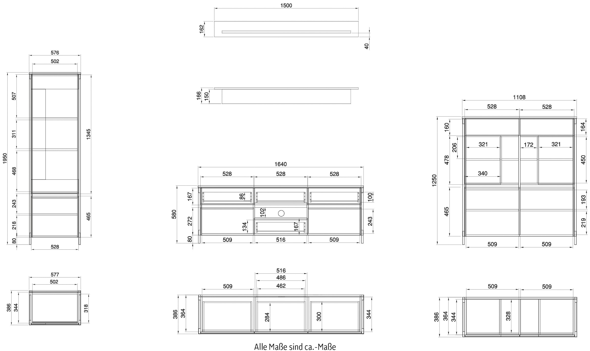 Home affaire Wohnwand »Stranda, moderne Anbauwand, Komplettset im Scandi-Style«, (4 St.), enthält Vitrine, Lowboard, Highboard und Wandboard, 364 cm breit
