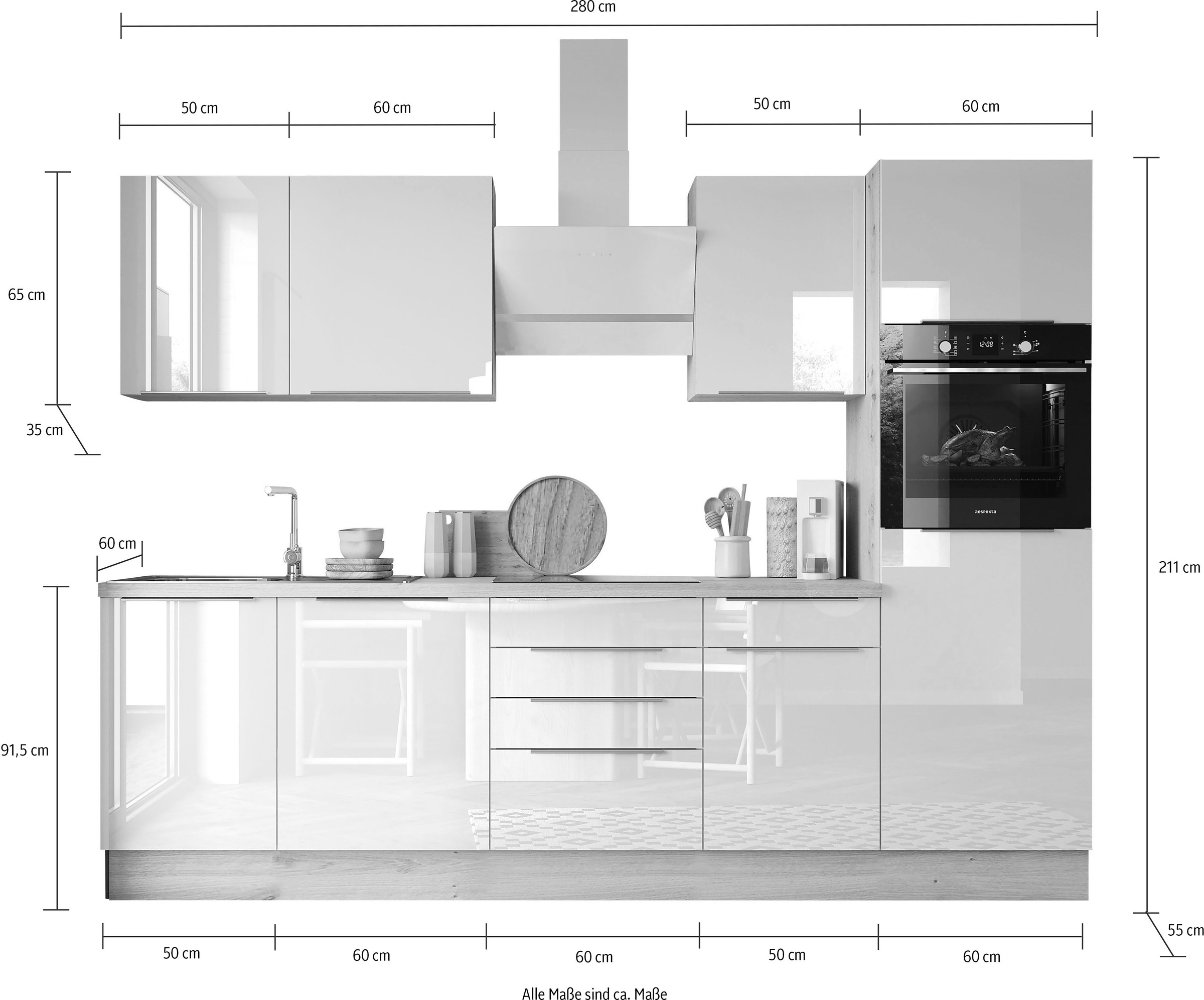 RESPEKTA Küchenzeile »Safado aus der Serie Marleen«, Breite 280 cm, hochwertige  Ausstattung wie Soft Close Funktion | BAUR