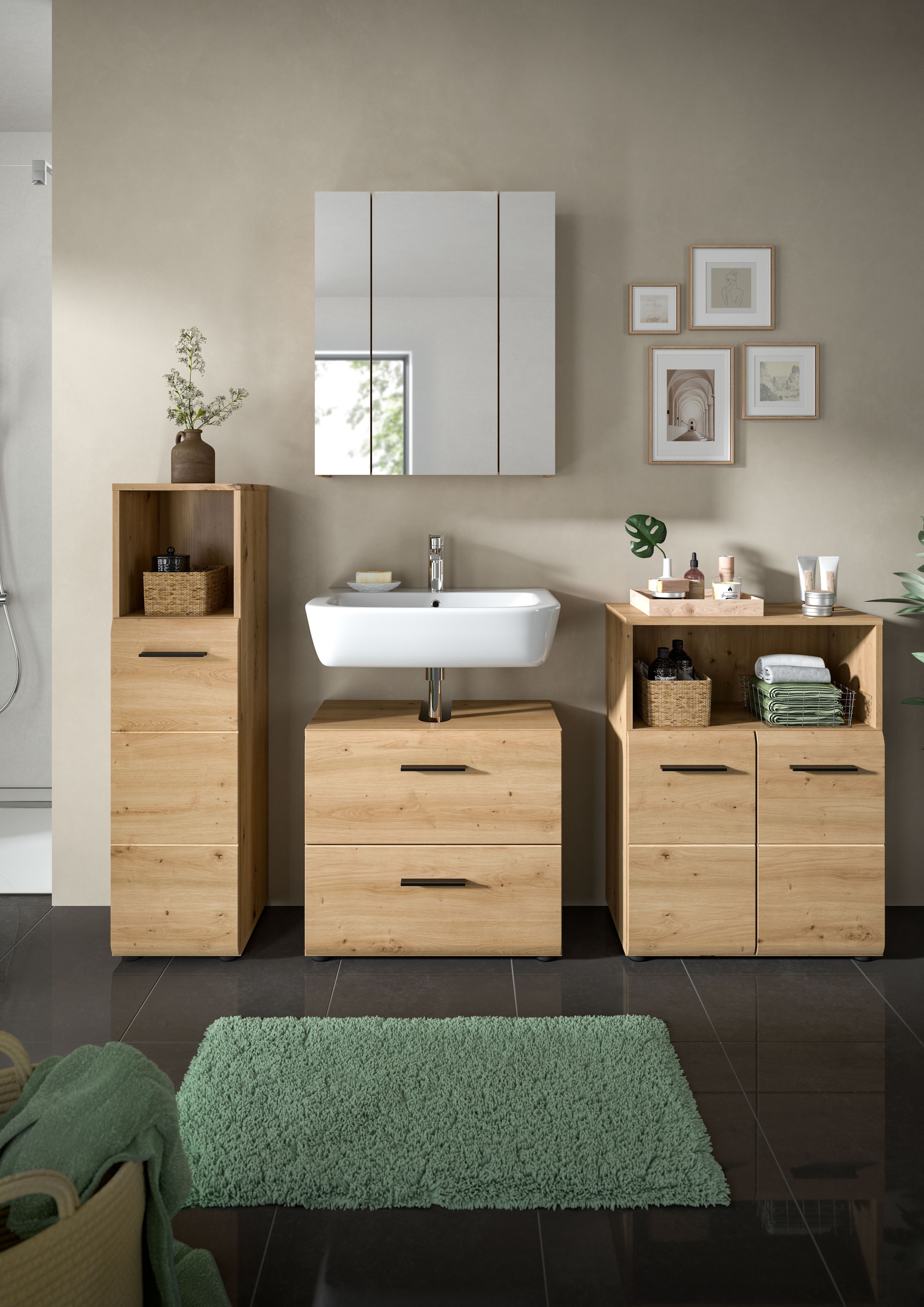 INOSIGN Badmöbel-Set »FLORENZ, TOPSELLER!, 4-teilige Badkombination, hochwertige MDF-Front«, (Set, 4 St., Midischrank hoch, WBU, Spiegelschrank, Midischrank breit), Bad-Kombination, Bad-Möbel, Badezimmer, Kombination, Kombi