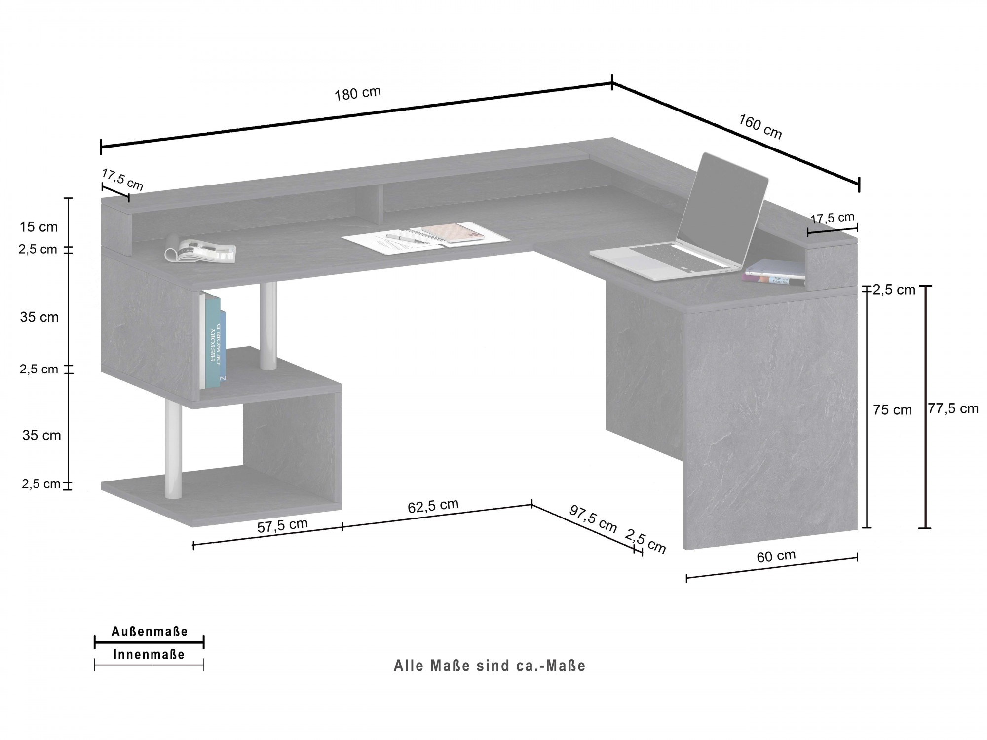 INOSIGN Eckschreibtisch »Esse, Schreibtisch im modernen Design«, mit oder ohne Monitoraufsatz Breite 180/160 cm, "Made in Italy"