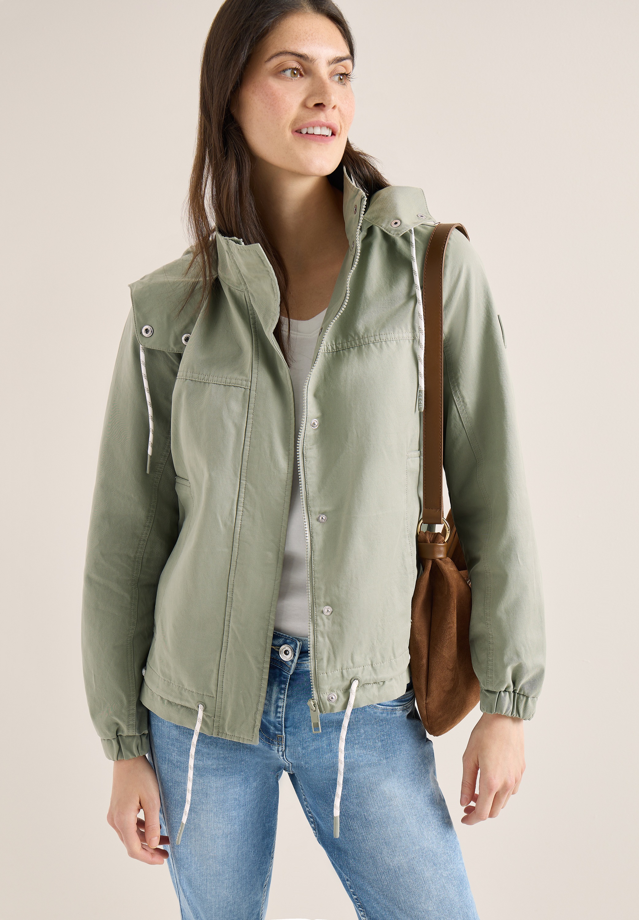 Outdoorjacke CECIL, Damen, Gr. L (42), chlorella grün, Web, Obermaterial: 59% Baumwolle, 30% Polyester, 11% Polyamid; Futter: 100% Baumwolle, unifarben, comfort fit normal, ohne Ausschnitt, Bündchen, Jacken Outdoorjacke, im Hoodie-Style