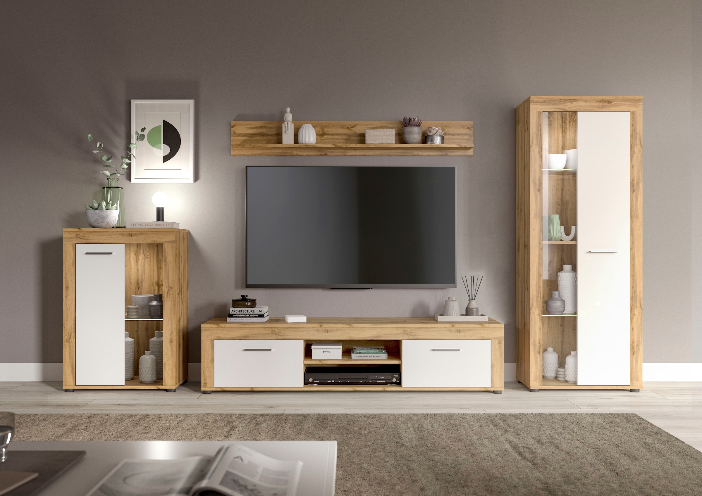 OTTO home Wohnwand "AOSTA, Breite 310cm, 4-teilige Wohn-Kombination" bestehend aus: Vitrine, Lowboard, Wandboard & Vitrine hoch, 4 Stk. tlg.