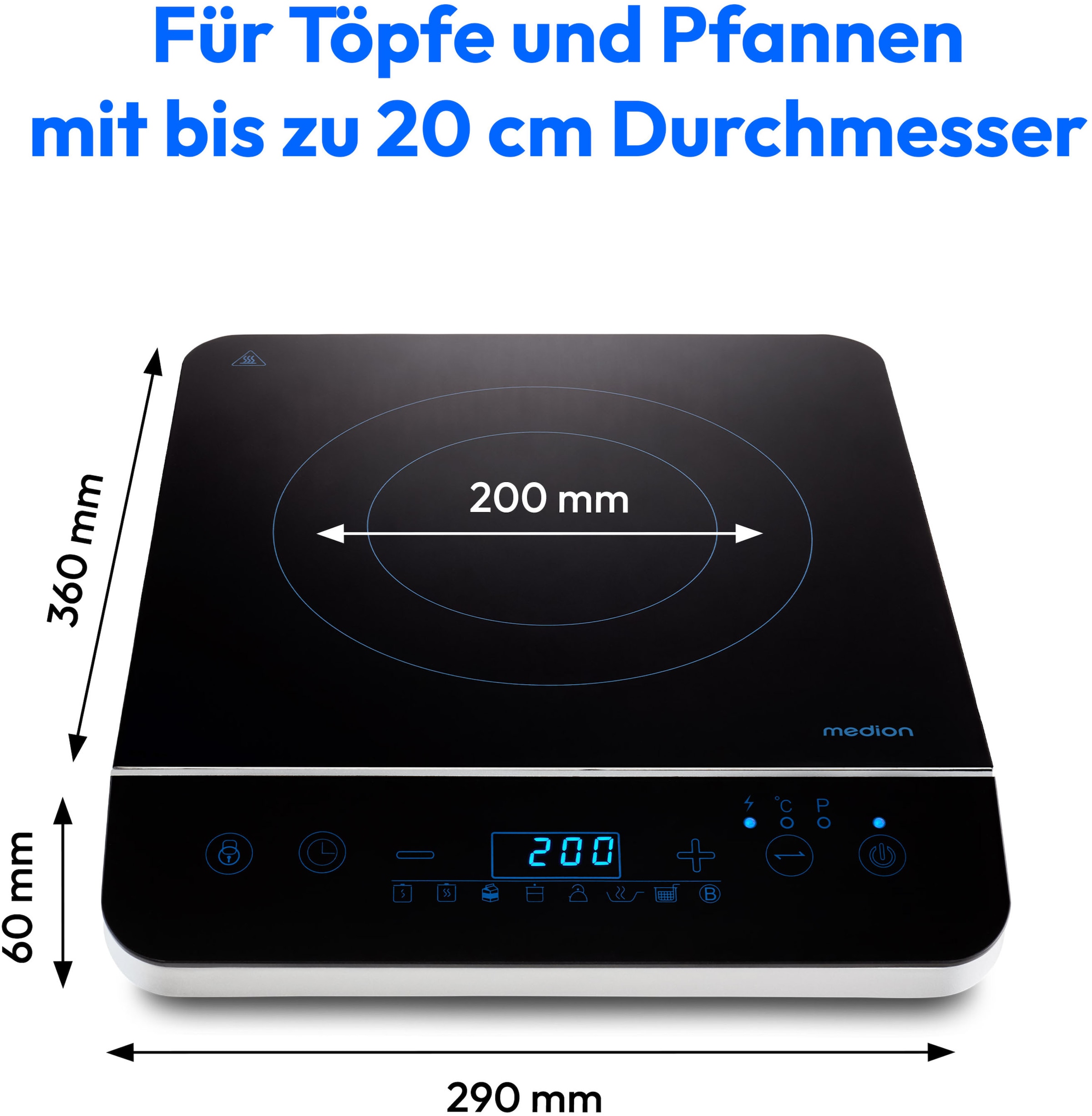 Medion® Einzel-Induktionskochplatte »MD 17595, 2000 W Induktionsleistung, automatische Topferkennung, Timer«, Temperaturbereich 60 - 240°, Sensor-Touch-Display, 10 Leistungsstufen