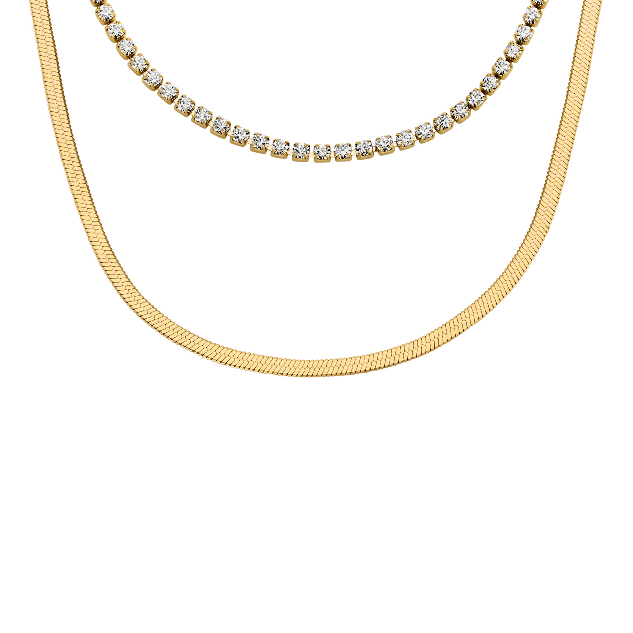 FOSSIL Damen Kette ohne Anhänger "Schmuck Geschenk Edelstahl Halsschmuck ELLIS Layering", Edelstahl, L: 45,5 B: 1,5mmgelbgoldfarben, kristallweiß,